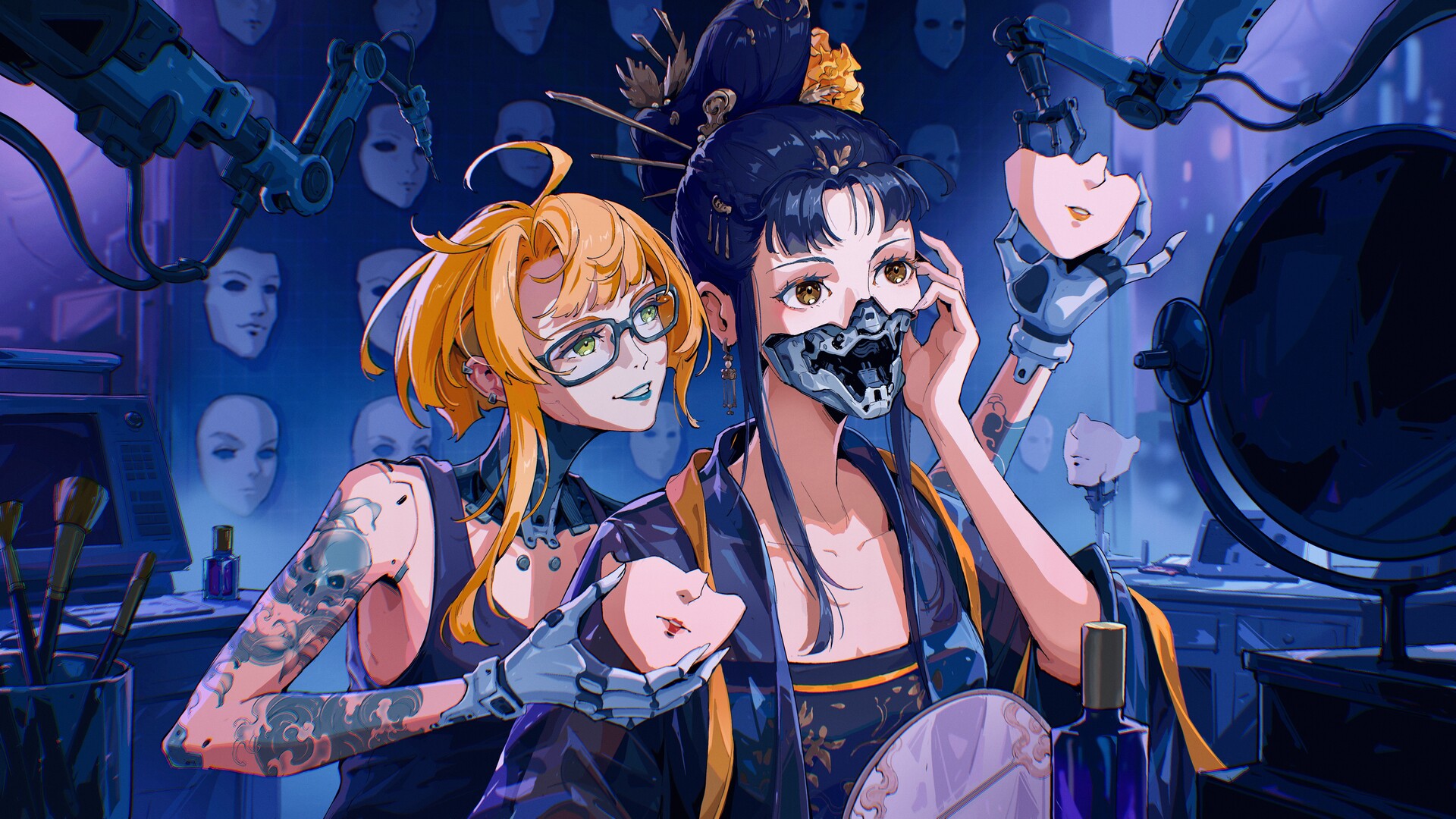Anime 1920x1080 artwork digital art futuristic cyberpunk androids bionics tattoo mask glasses anime girls