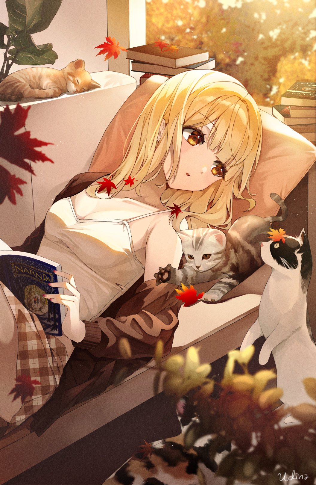 Anime 1056x1619 anime anime girls blonde lying on back lying on couch cleavage looking away open mouth white tops maple leaves short hair cats skirt books reading The Chronicles of Narnia animals leaves