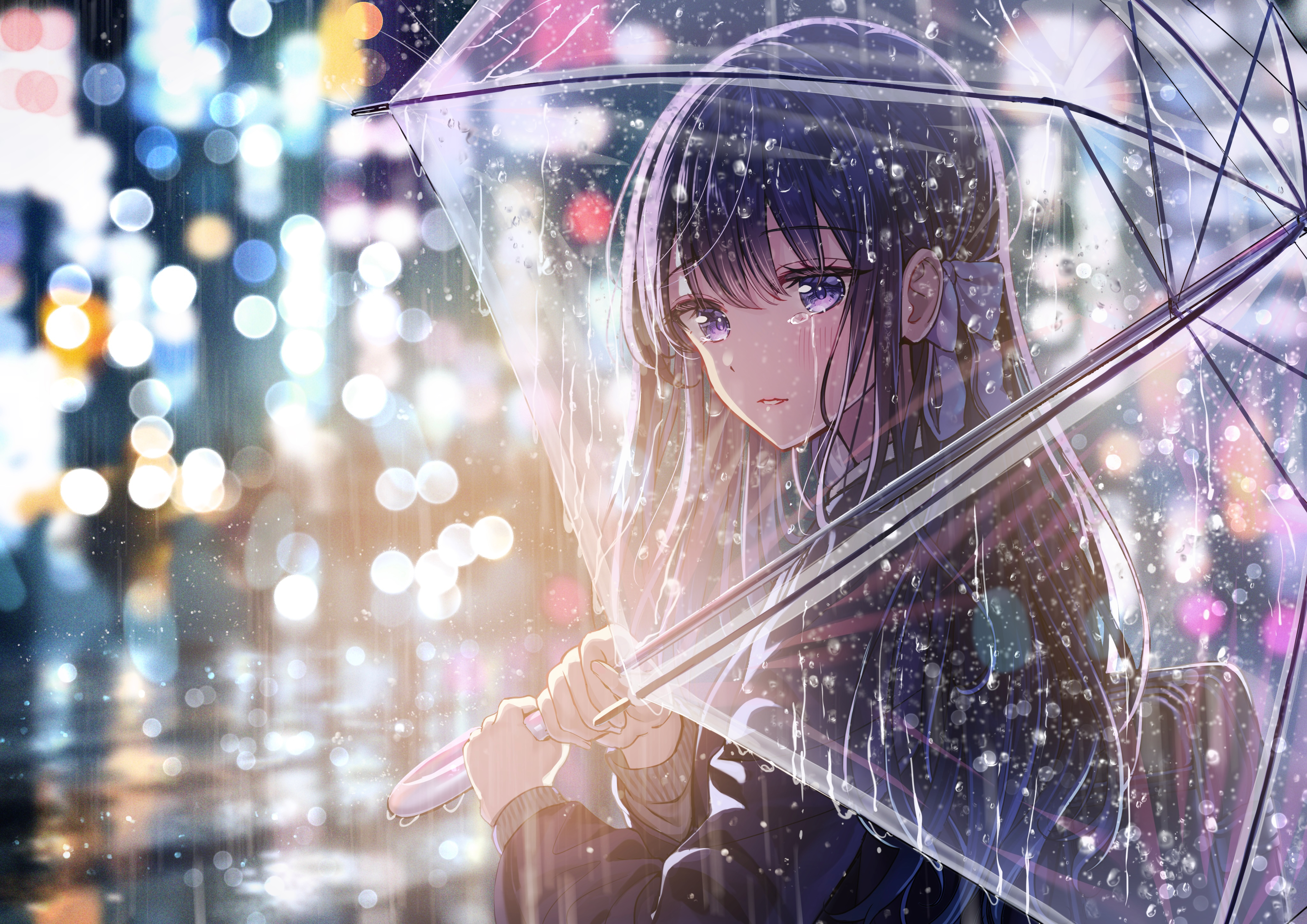 Anime 4093x2894 umbrella rain anime girls lights tears artwork Sakura (artist)