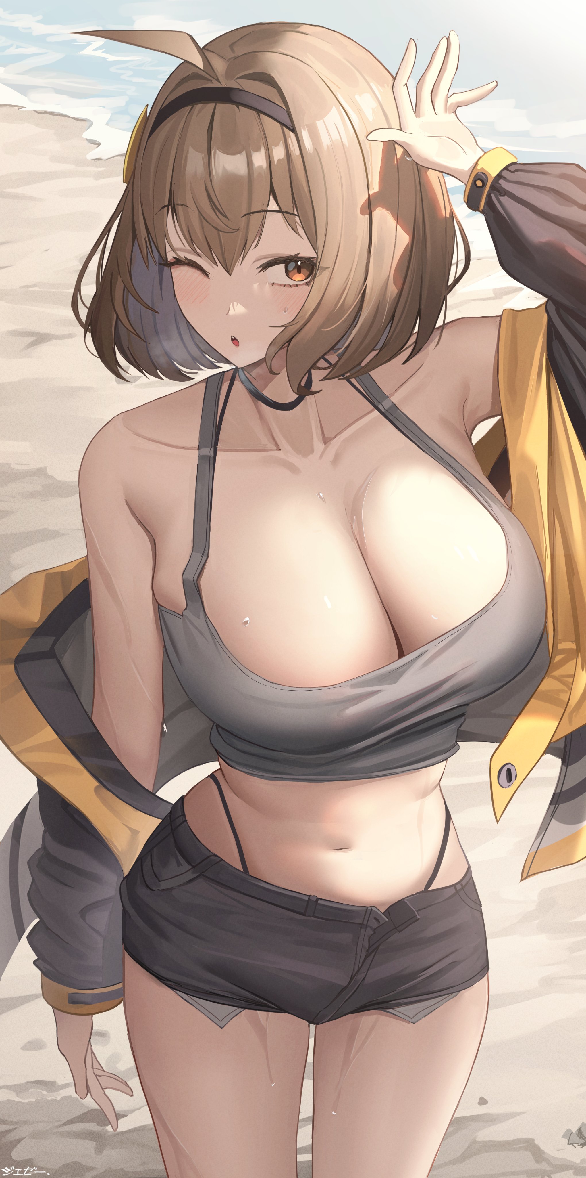 Anime 2040x4096 anime girls boobs Nikke: The Goddess of Victory cleavage short shorts belly one eye closed brunette brown eyes Anis (Nikke: The Goddess of Victory)