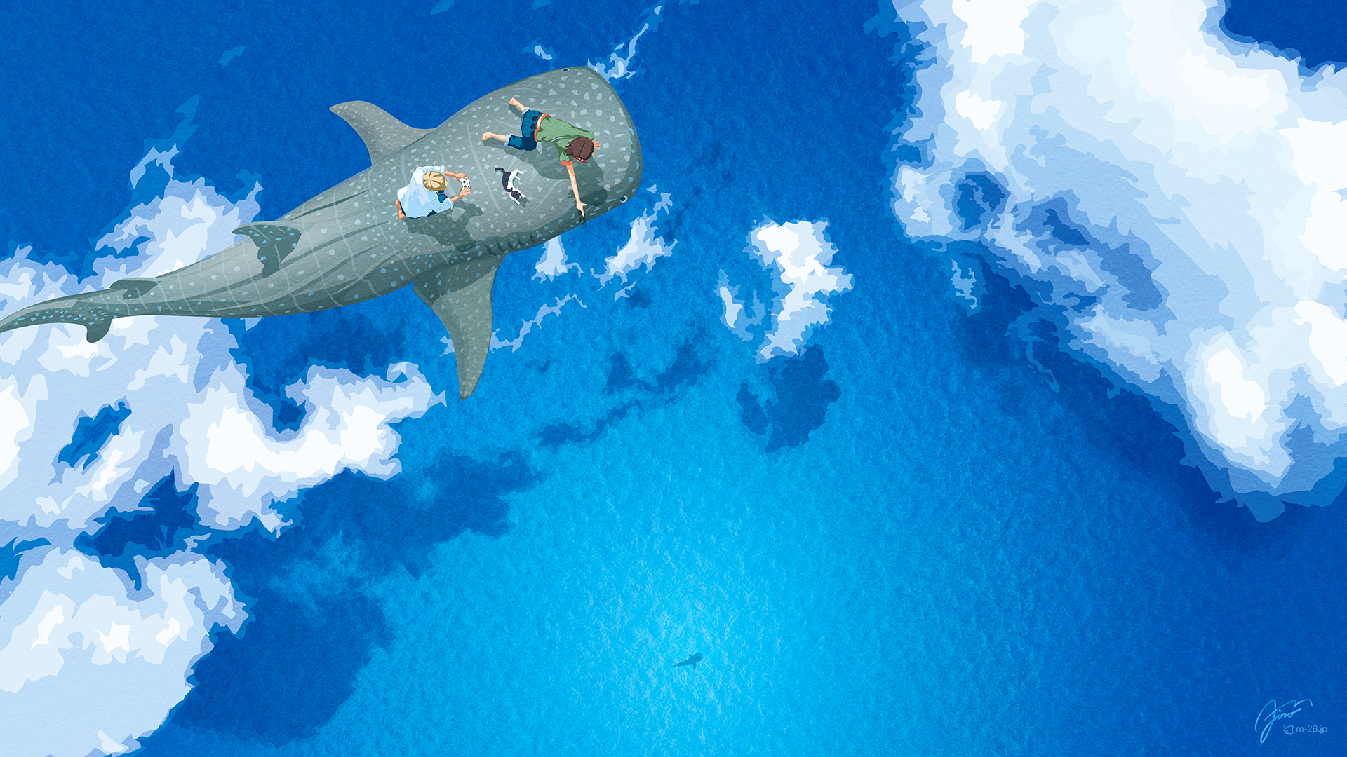 General 1920x1080 artwork digital art illustration fantasy art whale shark children cats clouds shadow watermarked