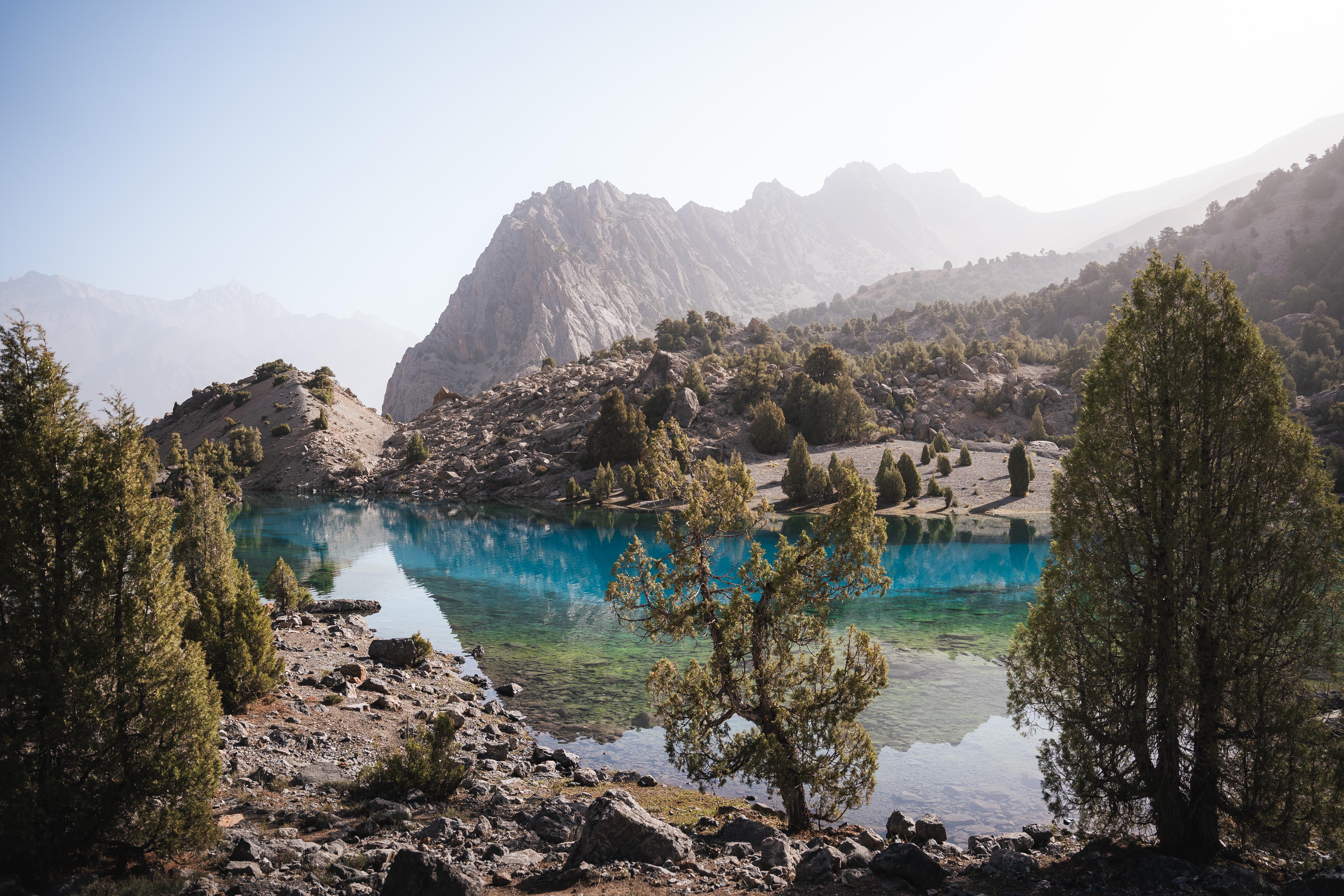 General 5849x3899 lake nature mountains trees mist rocks Tajikistan Asia forest landscape