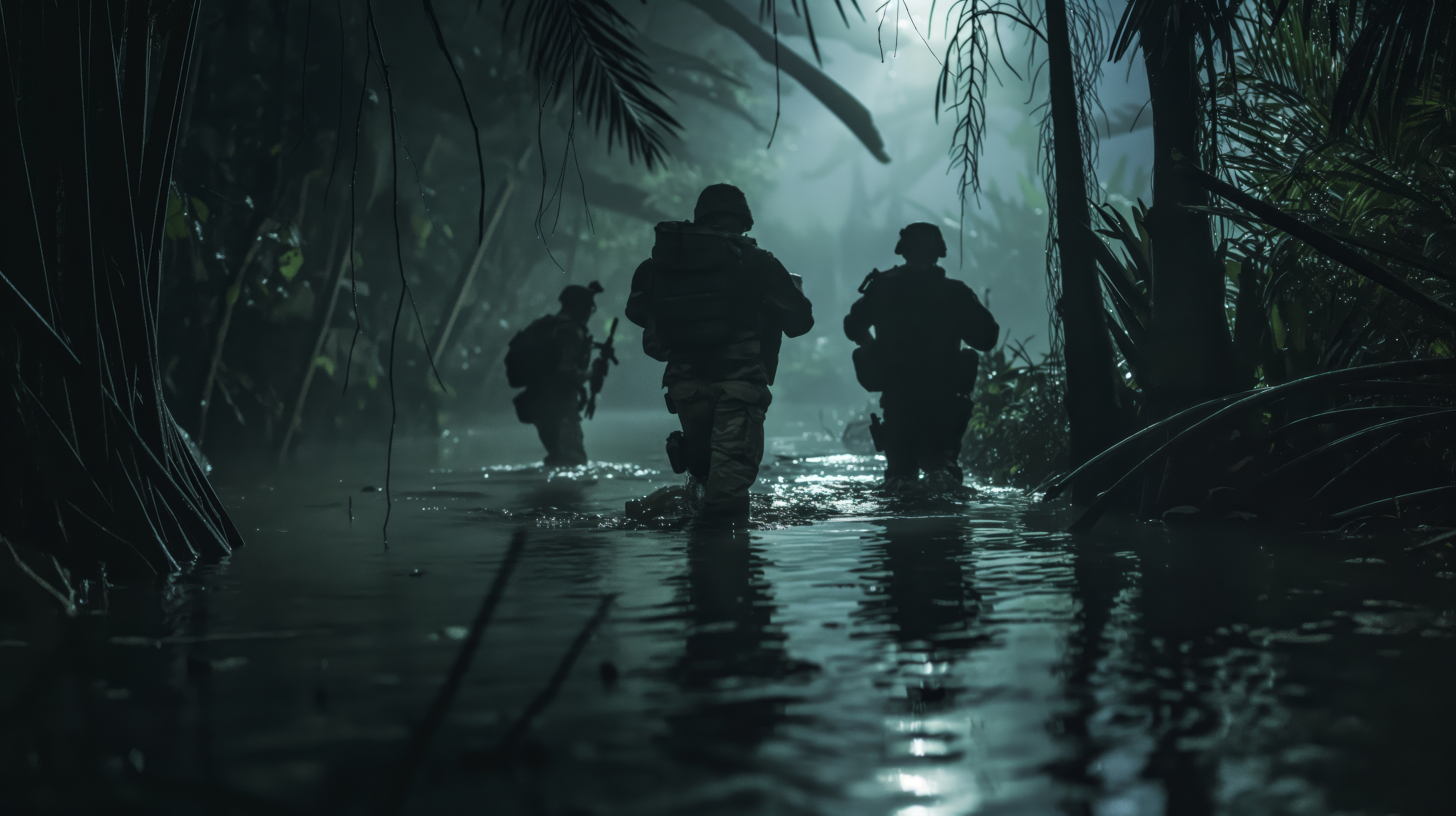 General 5824x3264 AI art jungle silhouette soldier water monochrome boys with guns