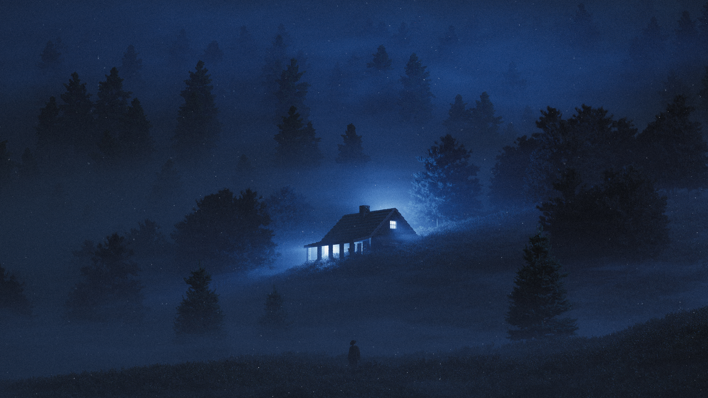 General 3000x1688 digital art artwork illustration landscape nature night nightscape trees forest house men field blue outrunyouth