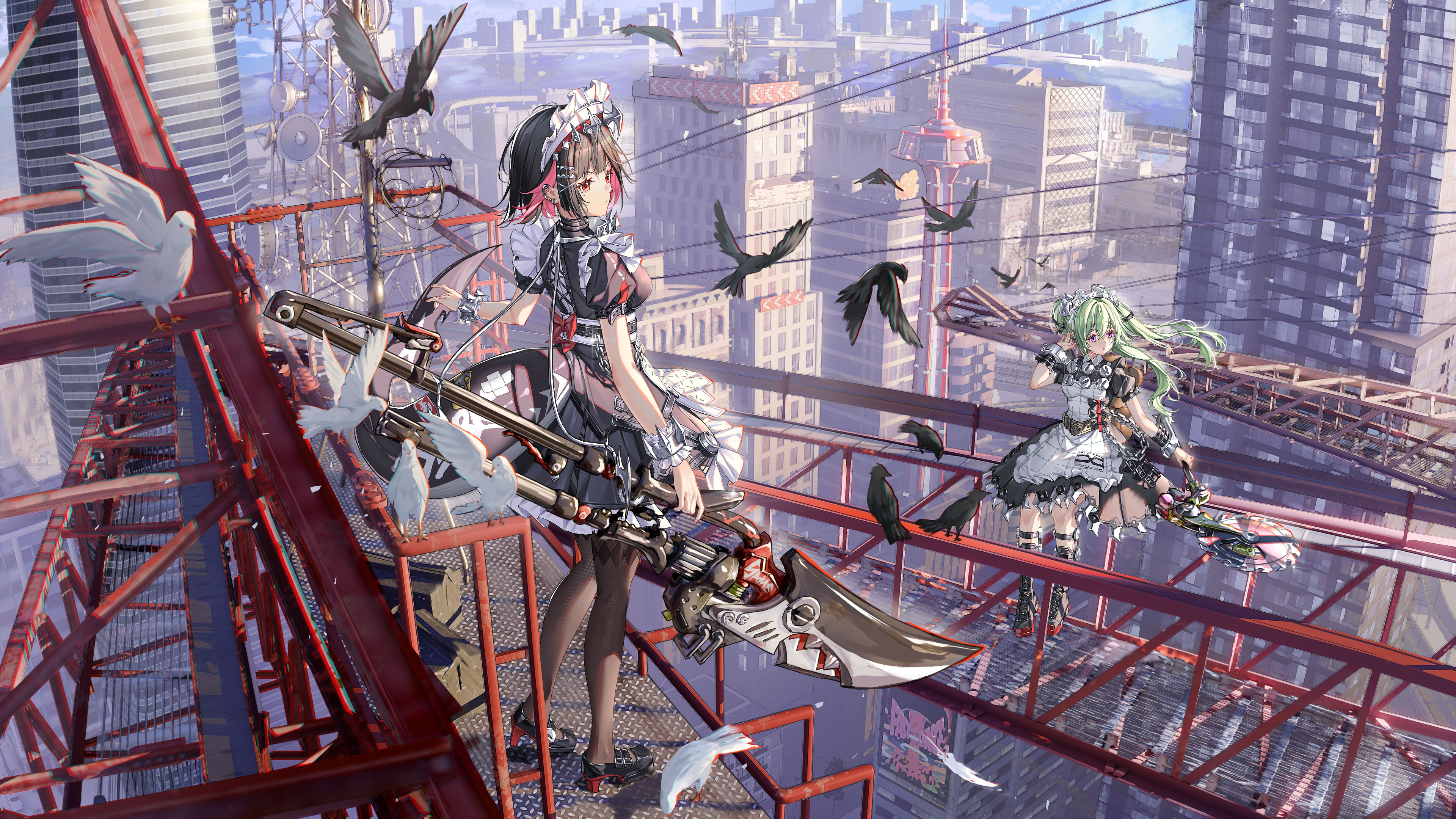 Anime 3840x2160 Zenless Zone Zero weapon Ellen Joe (Zenless Zone Zero) Corin Wickes (Zenless Zone Zero) two women maid outfit maid women outdoors al guang white apron building hair ornament truss birds apron crow dove dress