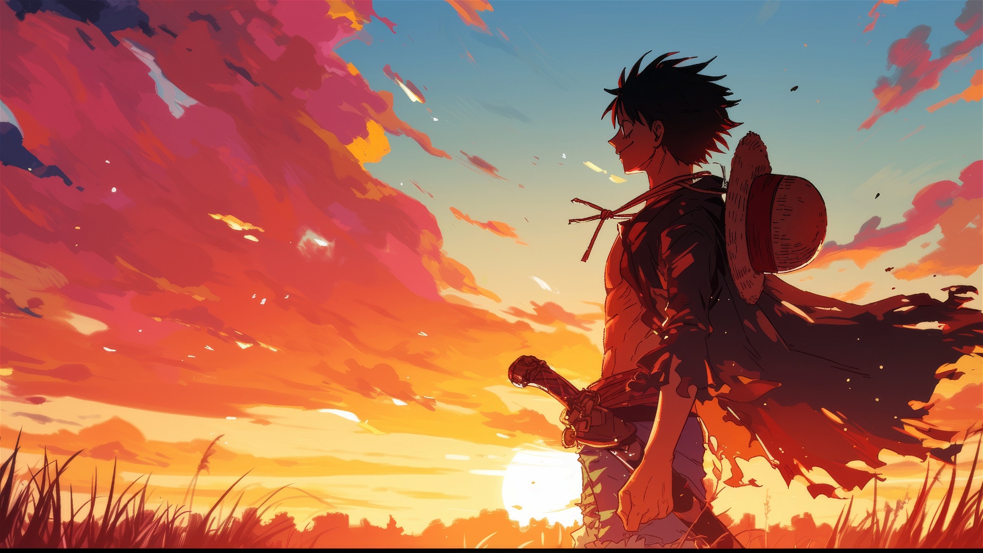 Anime 1920x1080 Monkey D. Luffy One Piece anime sunset sunset glow orange anime boys hair   black hair sword yellow Sun AI art smiling abs sky straw hat