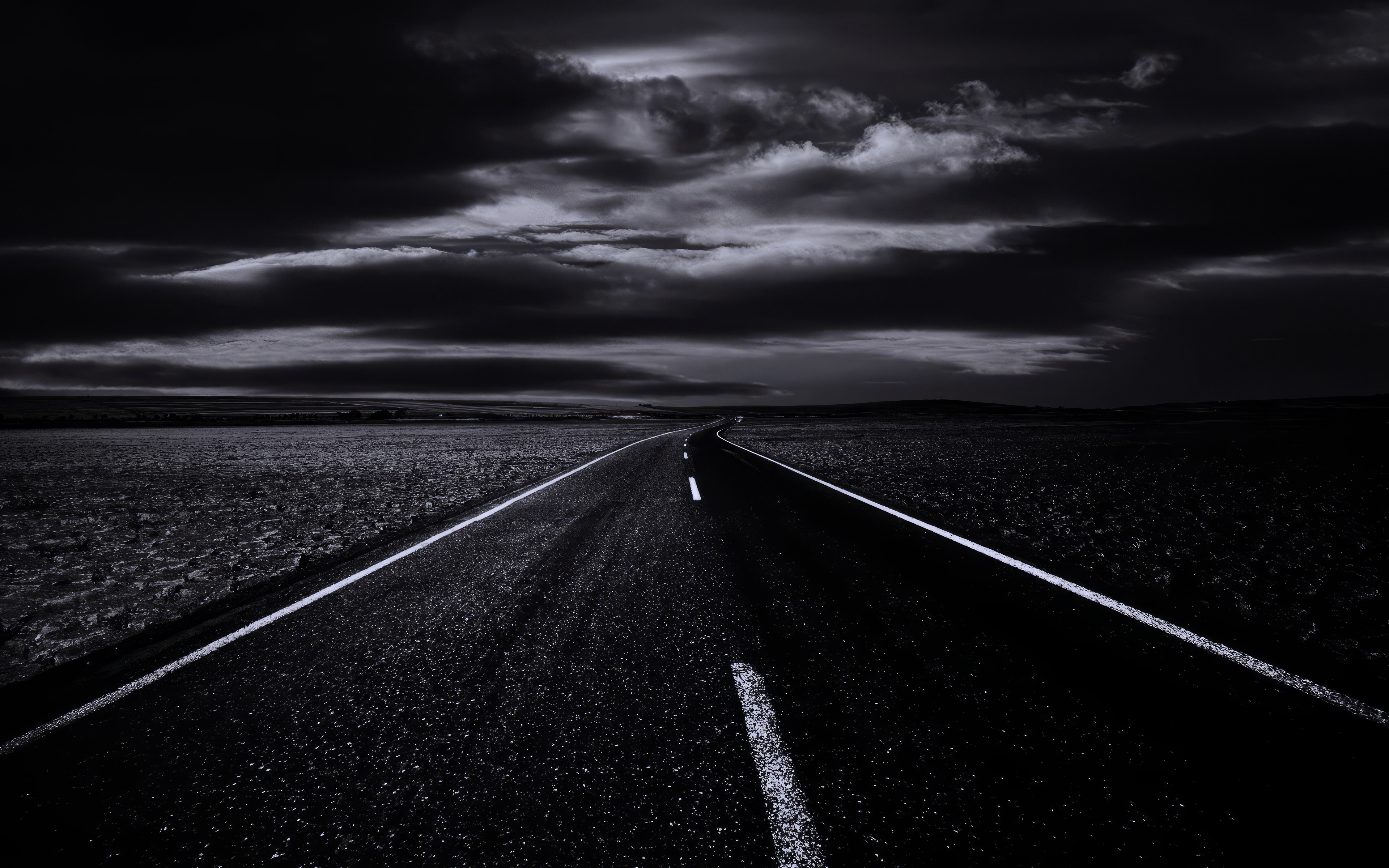 General 3840x2400 street road lines clouds gray black night white monochrome