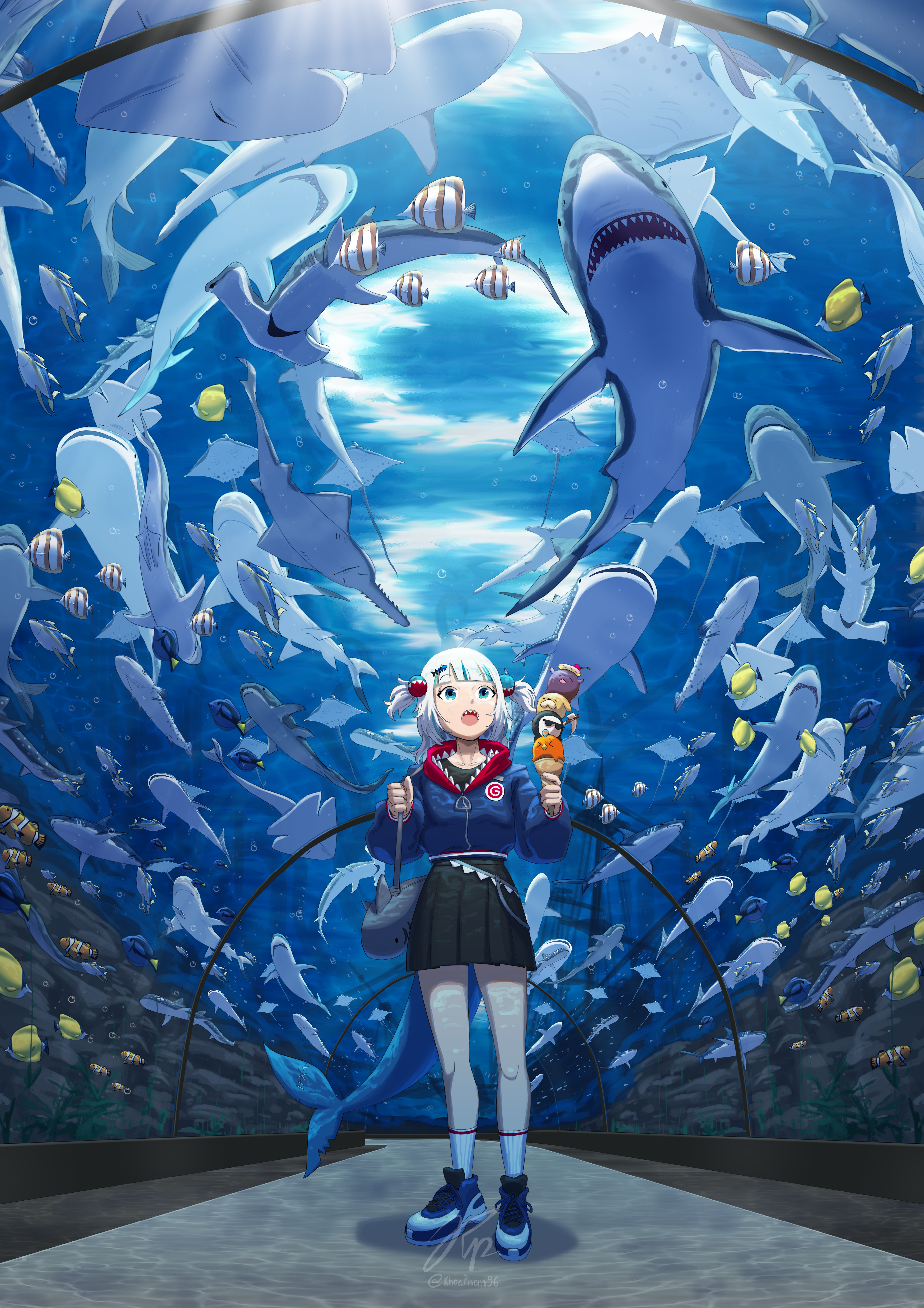 Anime 3720x5262 Hololive Hololive English portrait display tunnel Gawr Gura tropical fish aquarium looking up Great White Shark fish shark Virtual Youtuber open mouth ice cream hair ornament sneakers signature two tone hair Khoaphan96 manta rays
