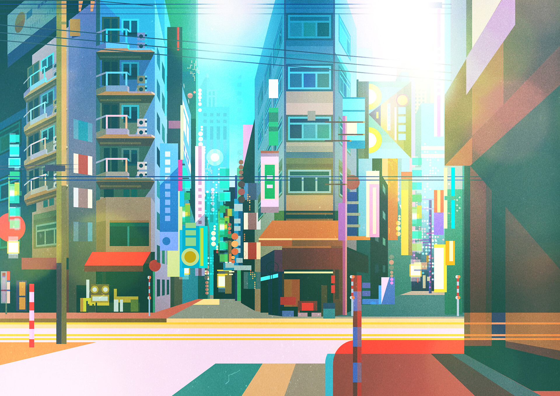 General 1920x1358 city building power lines billboards signs road sign Sunny apartments street James Gilleard