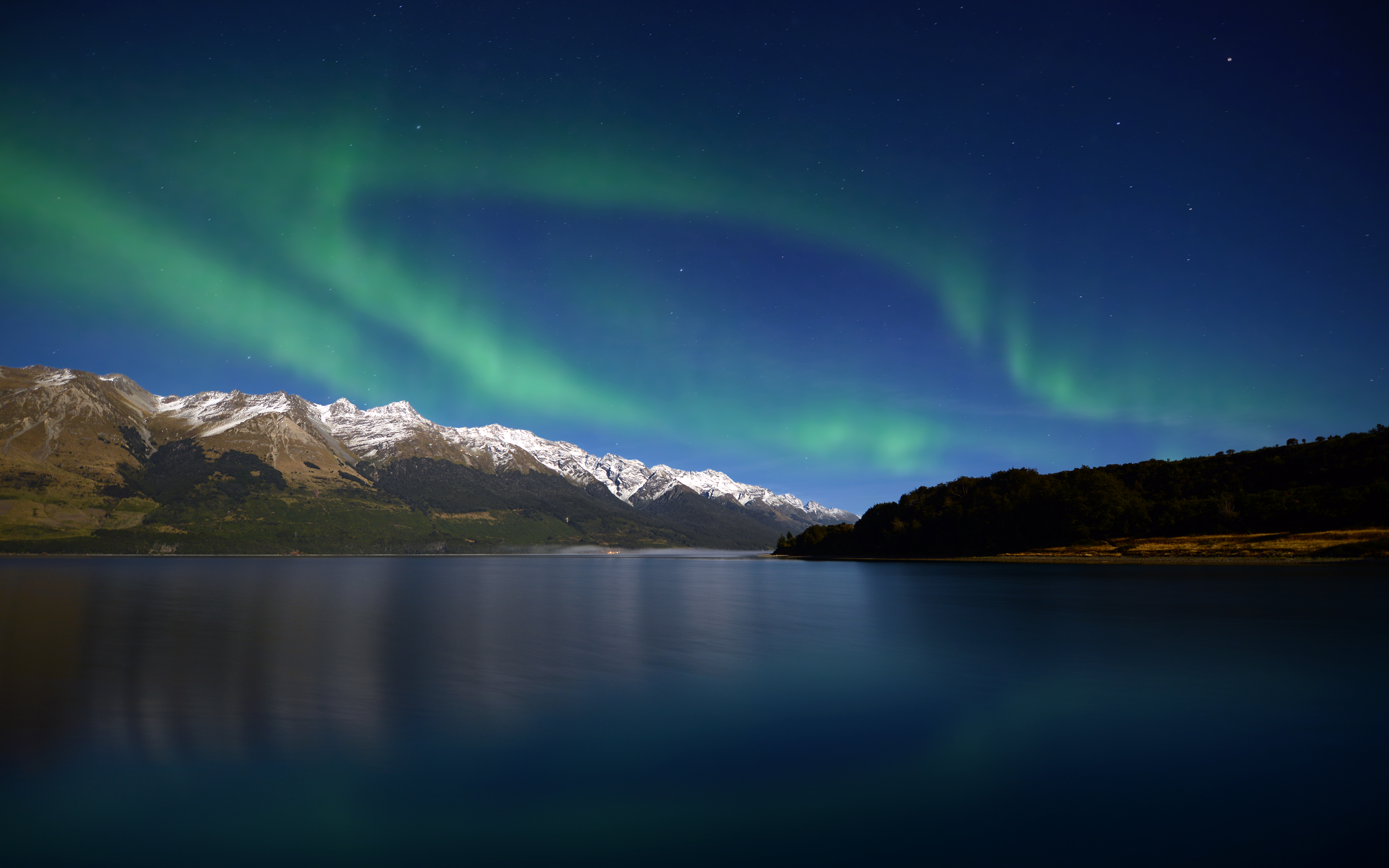 General 3840x2400 aurorae lake night nature snowy peak mountains New Zealand low light landscape clear sky