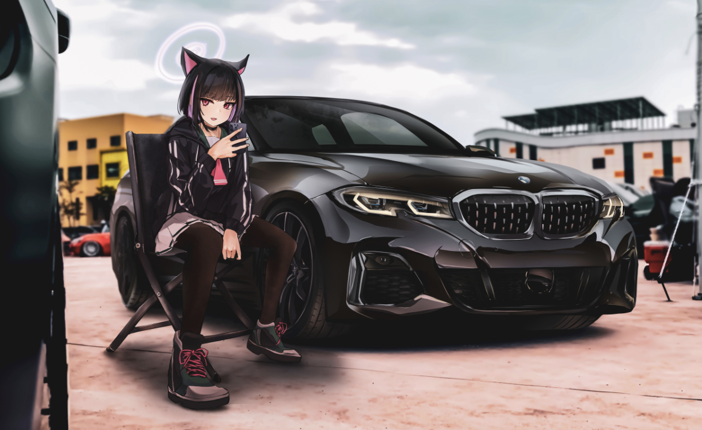 Anime 2408x1474 illustration artwork Blue Archive Kyouyama Kazusa vehicle BMW BMW M340i anime girls halo