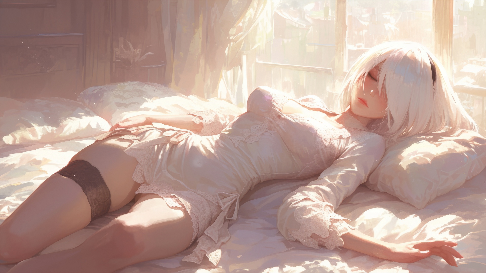Anime 1920x1080 2B (Nier: Automata) white silk pajamas white white hair sunrise warm light leisurely resting video game characters morning AI art light effects anime sleeping lying down hair over one eye in bed