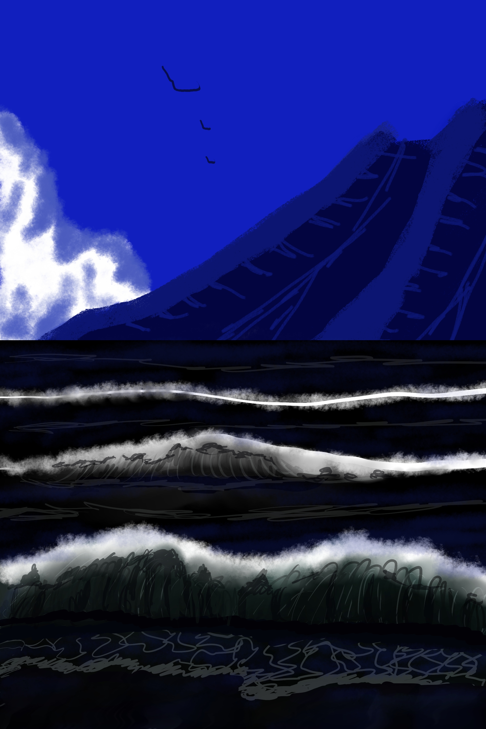 General 2000x3000 waves sea water clouds mountains Moon