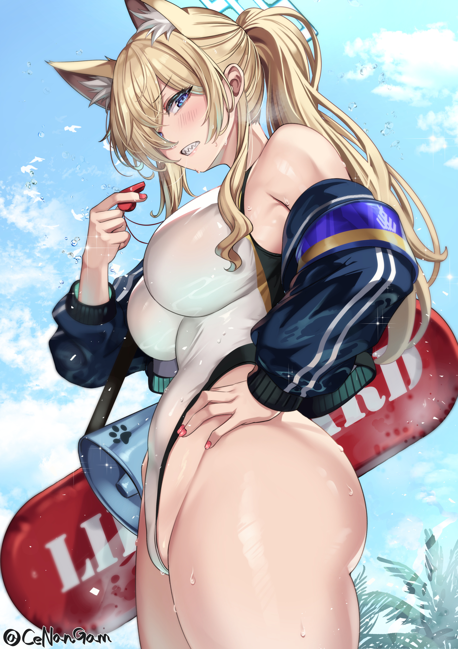 Anime 1553x2200 anime girls big boobs looking at viewer teeth Blue Archive palm trees Kanna (Blue Archive) ass hair over one eye ponytail blonde women on beach clouds women outdoors one-piece swimsuit jacket white swimsuit blue eyes animal ears open mouth clenched teeth long hair hands on hips whistle long sleeves red nails shark teeth