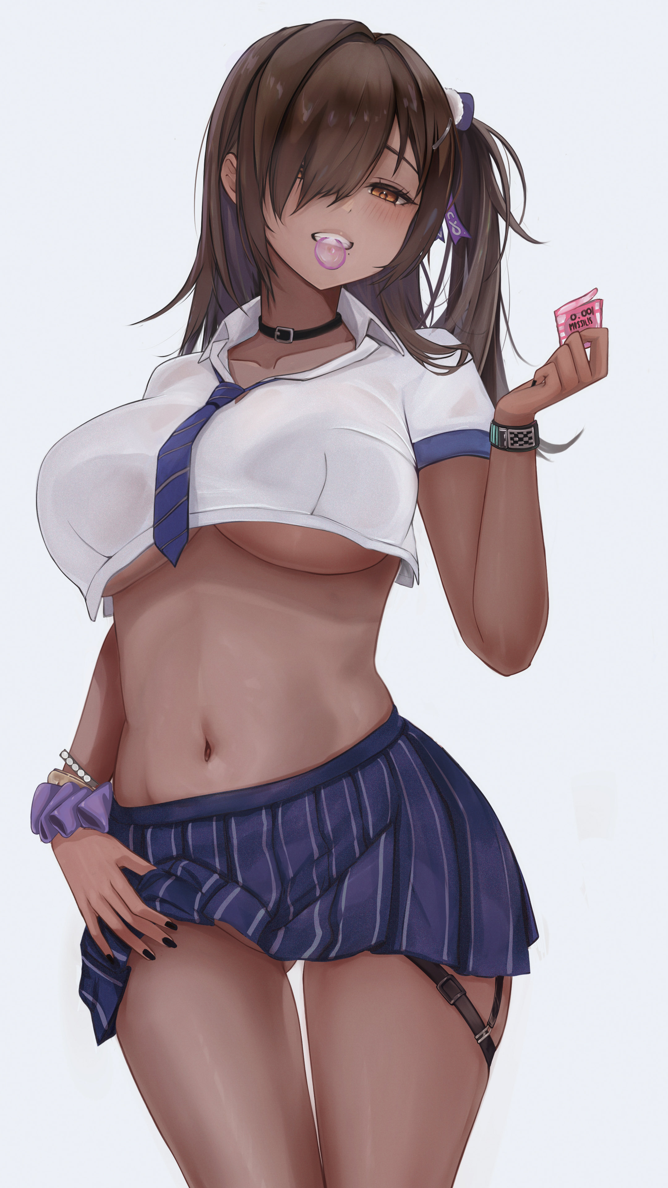 Anime 2160x3840 anime anime girls Nikke: The Goddess of Victory Naga (Nikke) dark skin mouth hold condom brunette brown eyes side ponytail scrunchy painted nails black nails white background skirt lifting skirt lifting clothes boob pockets underboob no bra hair over one eye gluteal fold big boobs belly belly button nopan portrait display moles mole under mouth blushing looking at viewer 462vvv