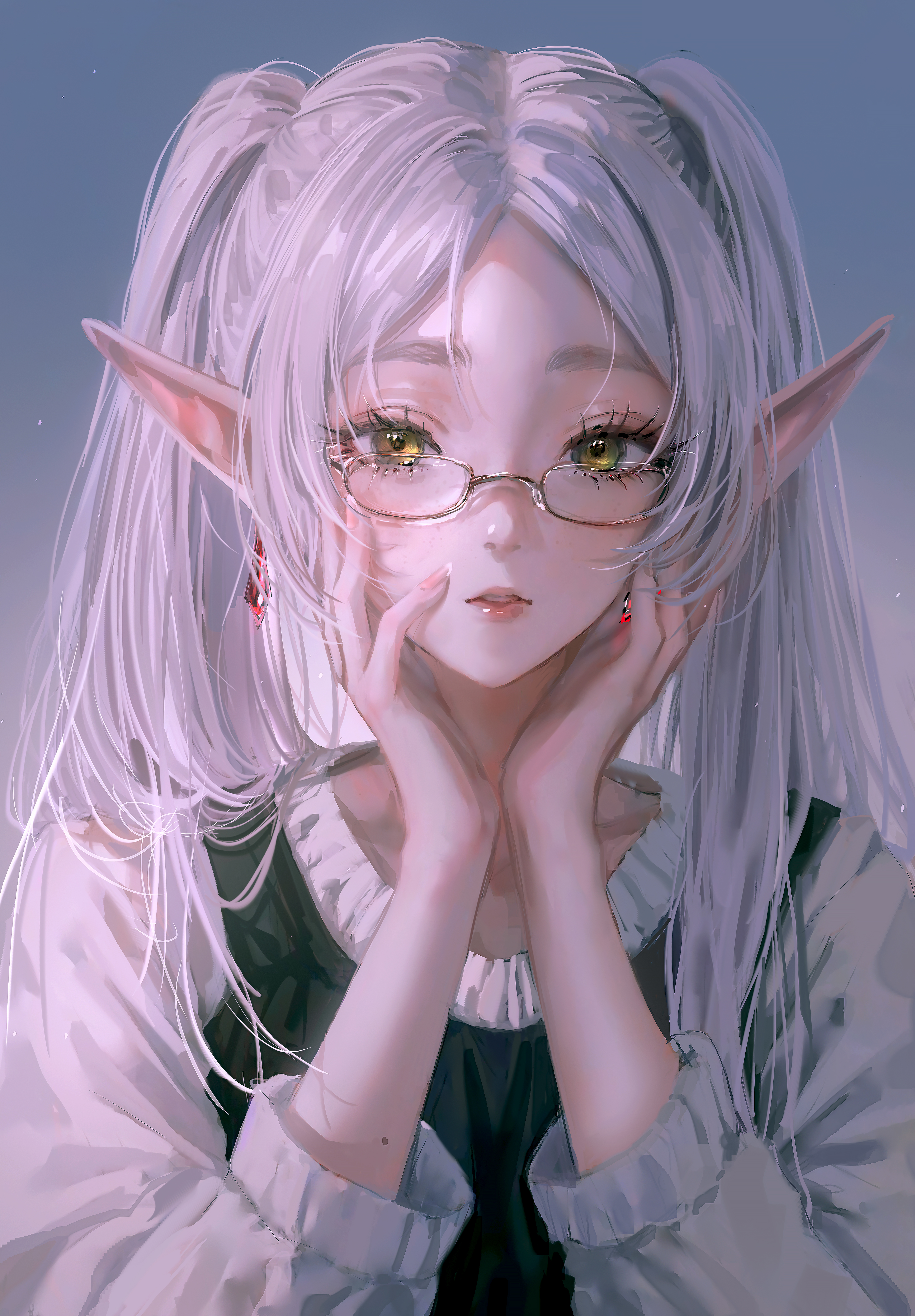 General 4381x6300 Nixeu Frieren Sousou No Frieren anime anime girls pointy ears glasses portrait long hair pink hair women with glasses twintails earring fantasy girl fan art looking at viewer pale