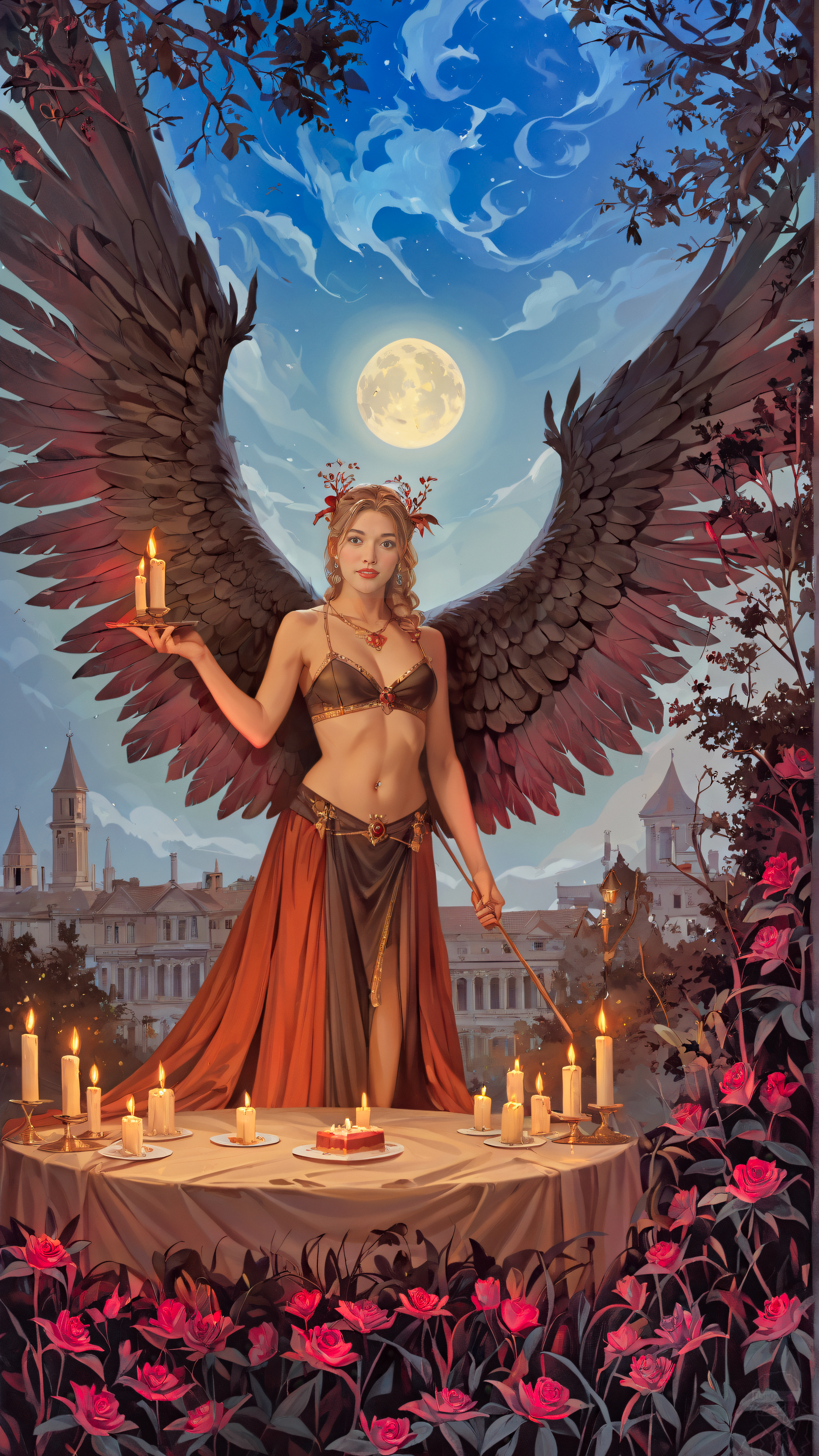 General 2160x3840 AI art digital art dar0z artwork illustration wings standing brown eyes bra sleeveless candles food table rose plants castle Moon night clouds looking at viewer belly button necklace sword blonde
