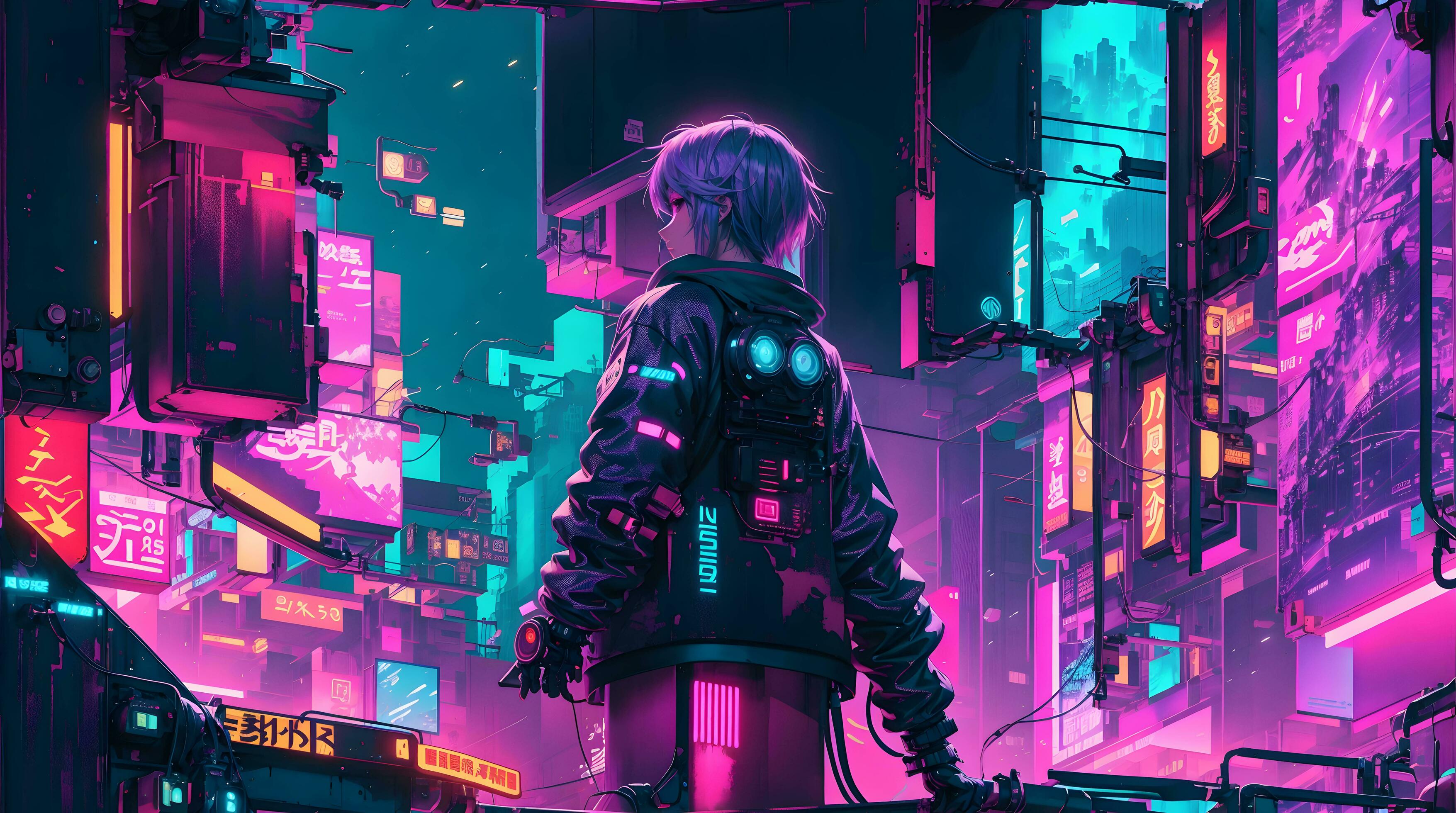 General 3510x1960 city night dark background purple background cyberpunk AI art