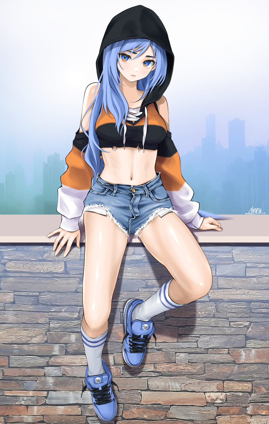 Anime 1145x1800 anime anime girls 2D petite looking at viewer portrait portrait display belly button bare midriff slim body artwork Chaesu socks white socks knee high socks striped socks shoes blue shoes sneakers blue sneakers long sleeves hoods frontal view whole body bent legs spread legs sitting jean shorts bricks