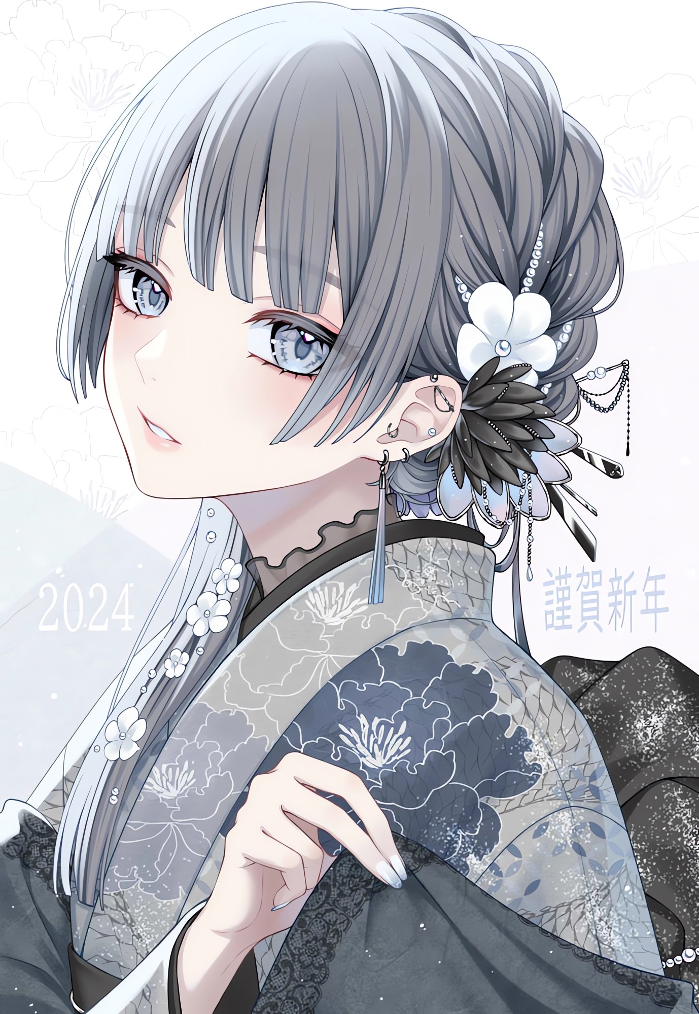 Anime 1378x2000 anime anime girls silver hair hair ornament kimono silver eyes piercing