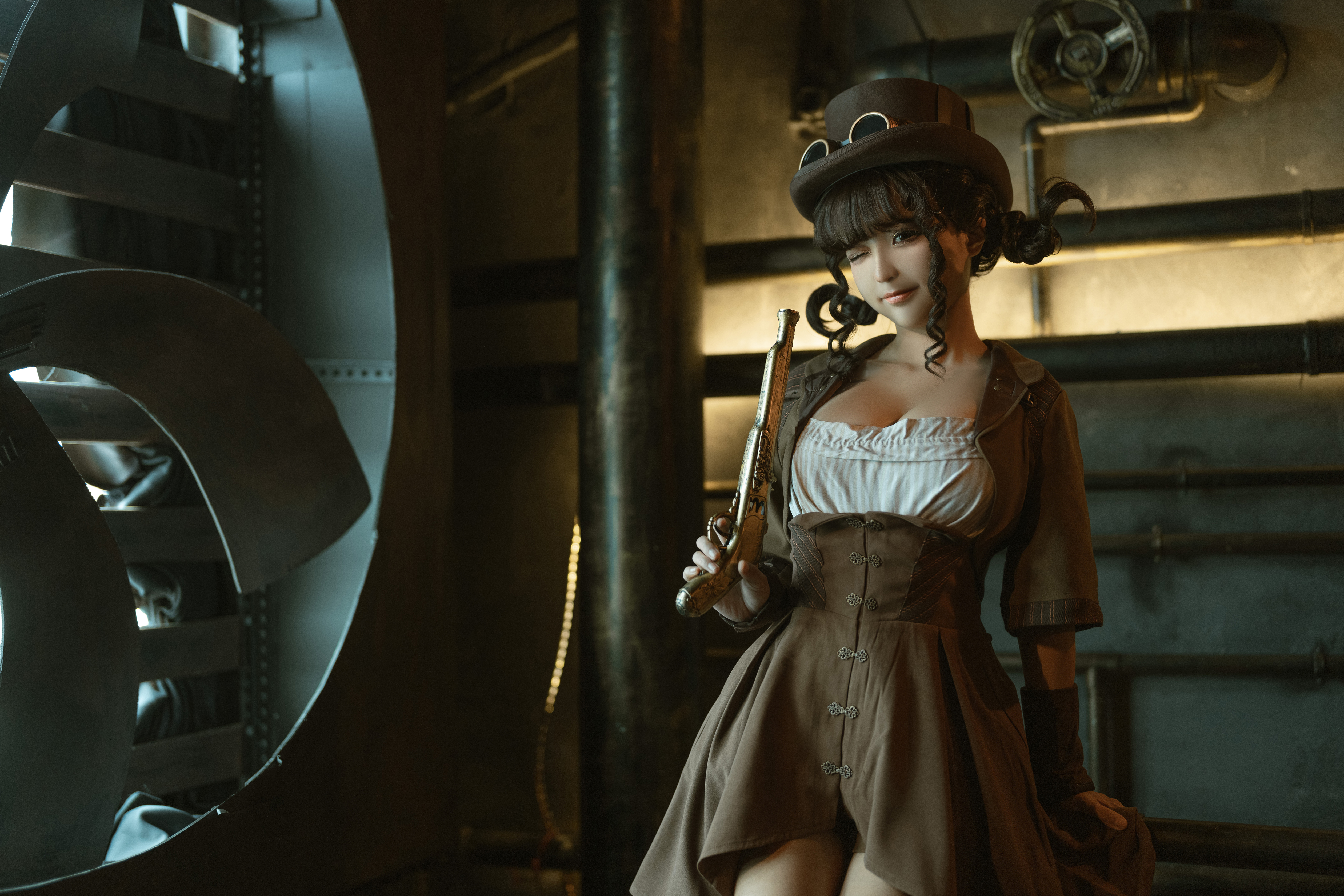 People 5040x3360 Chun Momo women model Asian cosplay steampunk steampunk girl women indoors wink women with hats dress weapon girls with guns