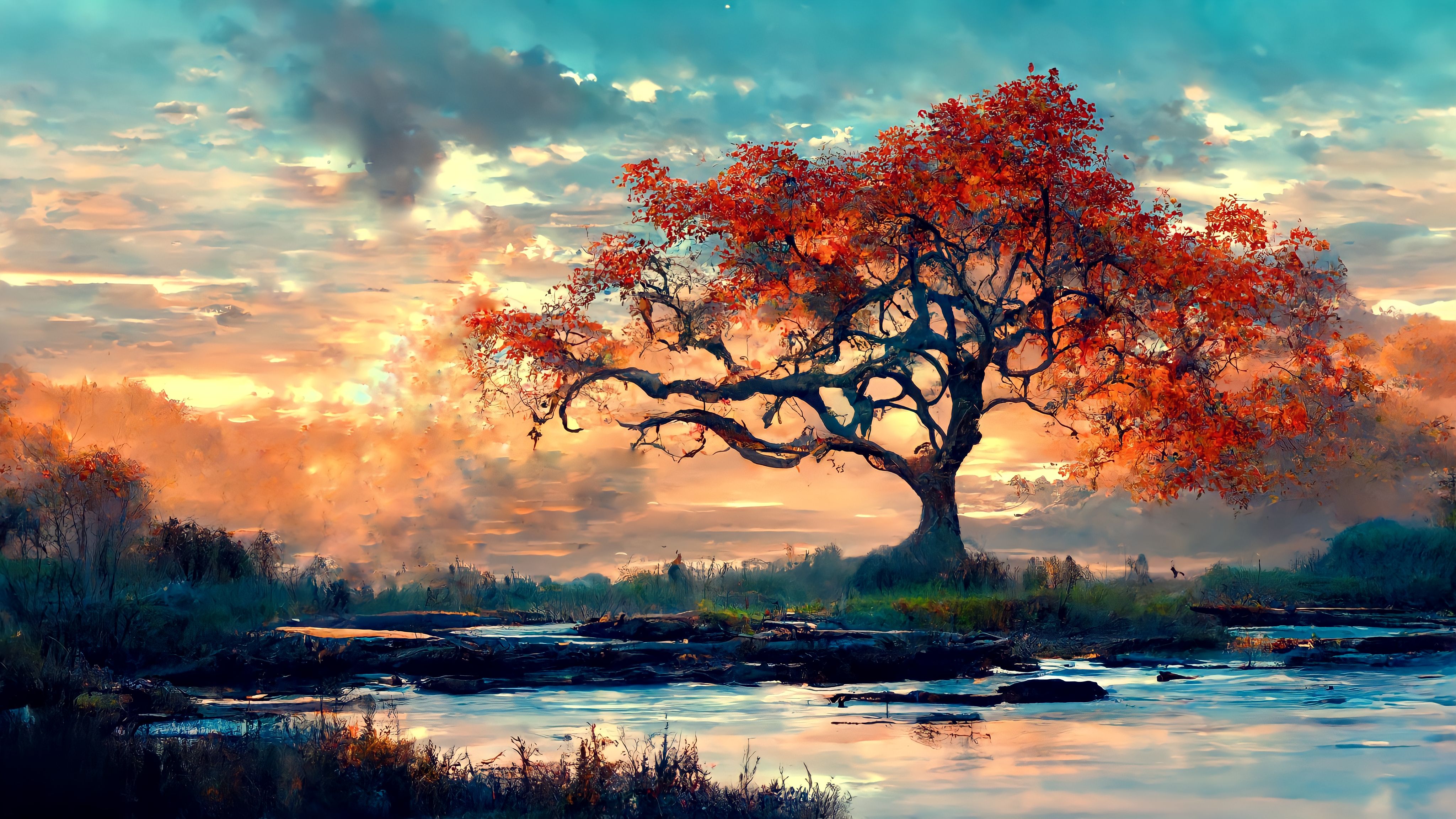 General 4096x2304 red trees landscape lake sunset branch clouds AI art nature