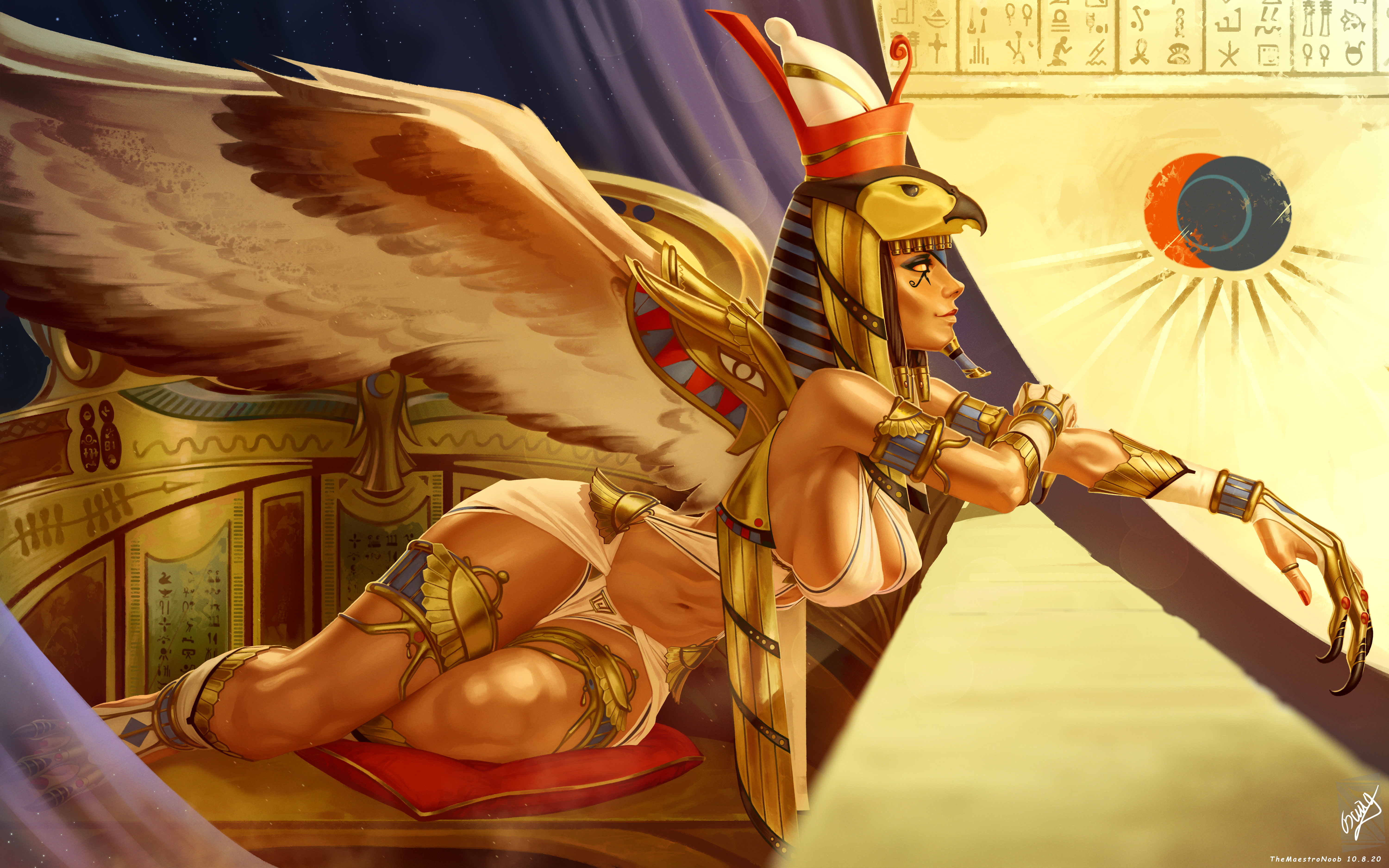 General 6000x3750 Horus (deity) Egyptian mythology fantasy girl wings Egyptian profile skimpy clothes sideboob jewelry wide hips thick thigh 2D artwork drawing fan art TheMaestroNoob loin cloth