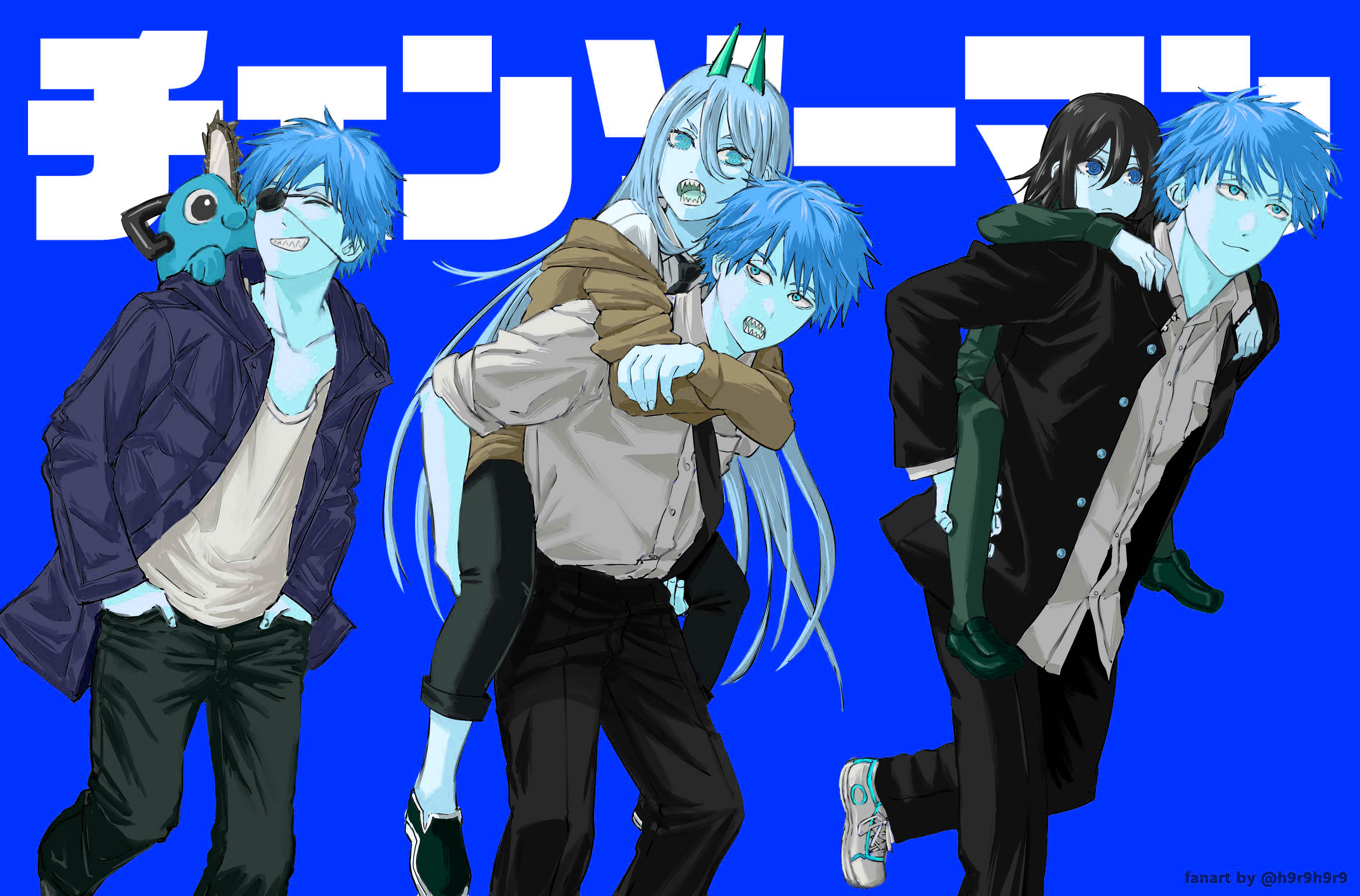 Anime 3788x2496 Chainsaw Man Denji (Chainsaw Man) blue background blue Pochita (Chainsaw Man) Power (Chainsaw Man) anime girls anime boys Japanese blue skin Nayuta (Chainsaw Man)