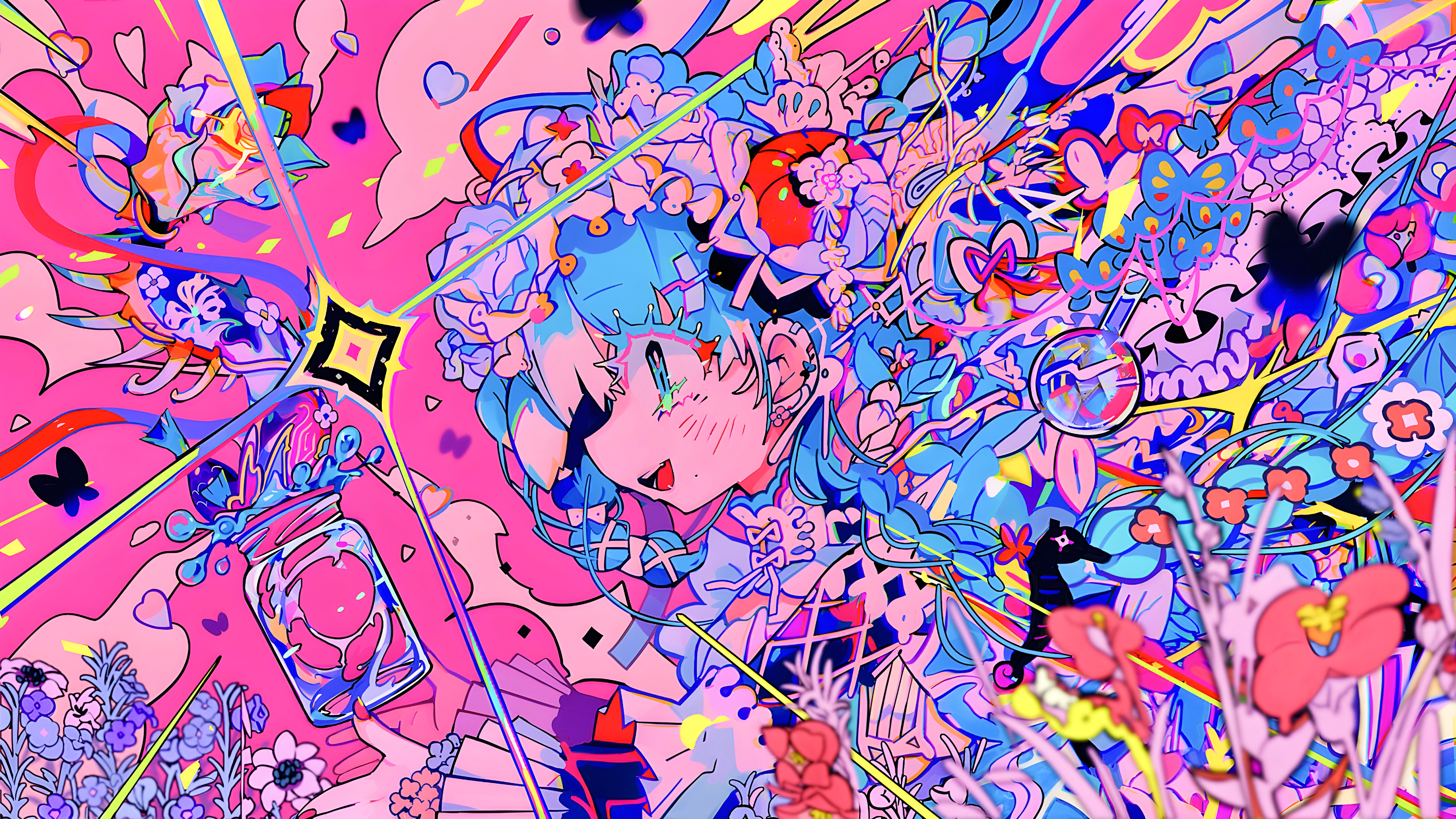 teracoot, 4K, illustration, anime girls, colorful, flowers, digital art |  3840x2161 Wallpaper 