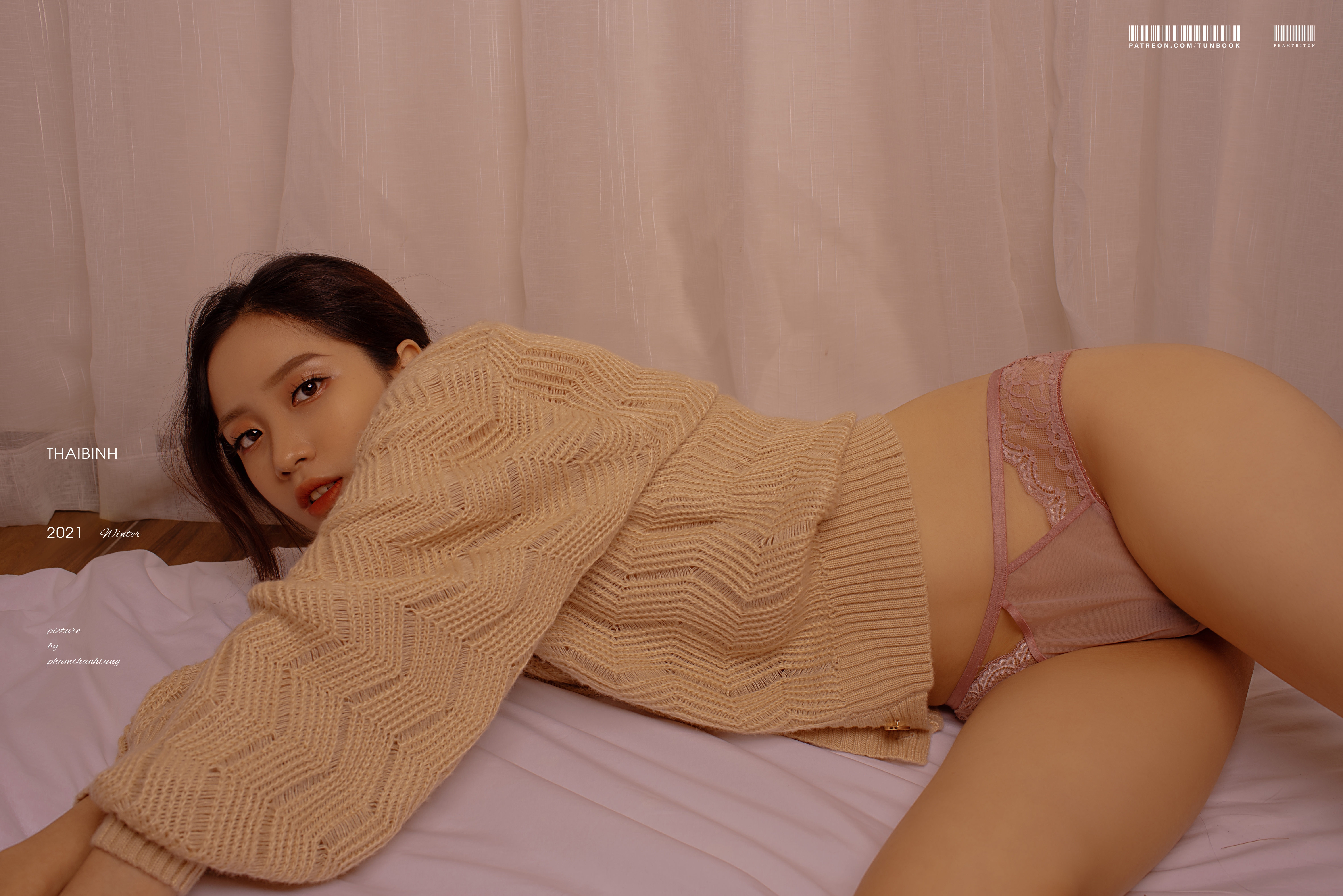 People 6016x4016 women Asian bed sweater sweater dress sweatshirts pink panties Lan Ahn panties