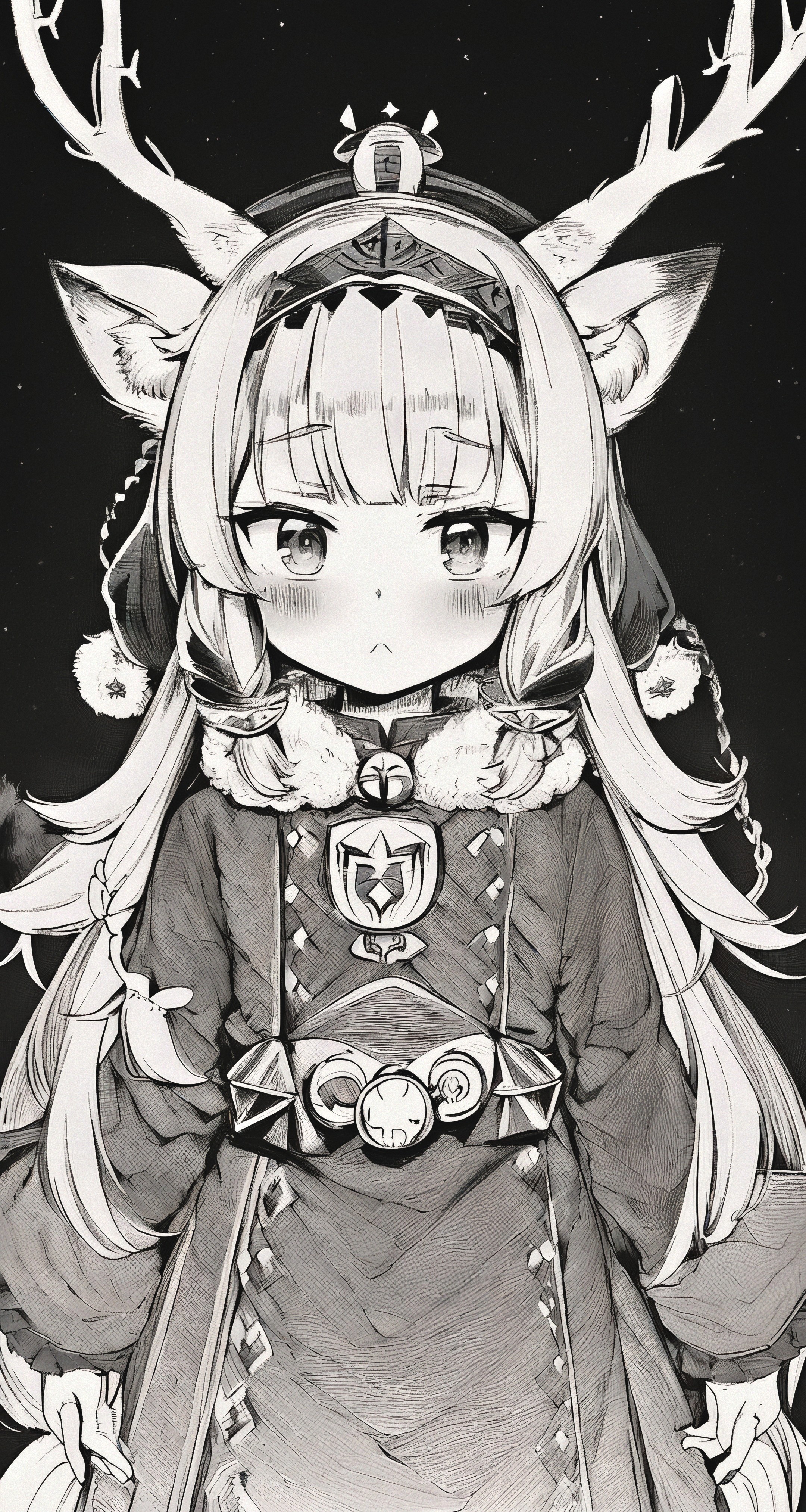 Anime 2160x4050 AI art women looking at viewer portrait display antlers animal ears monochrome drawing loli Stable Diffusion