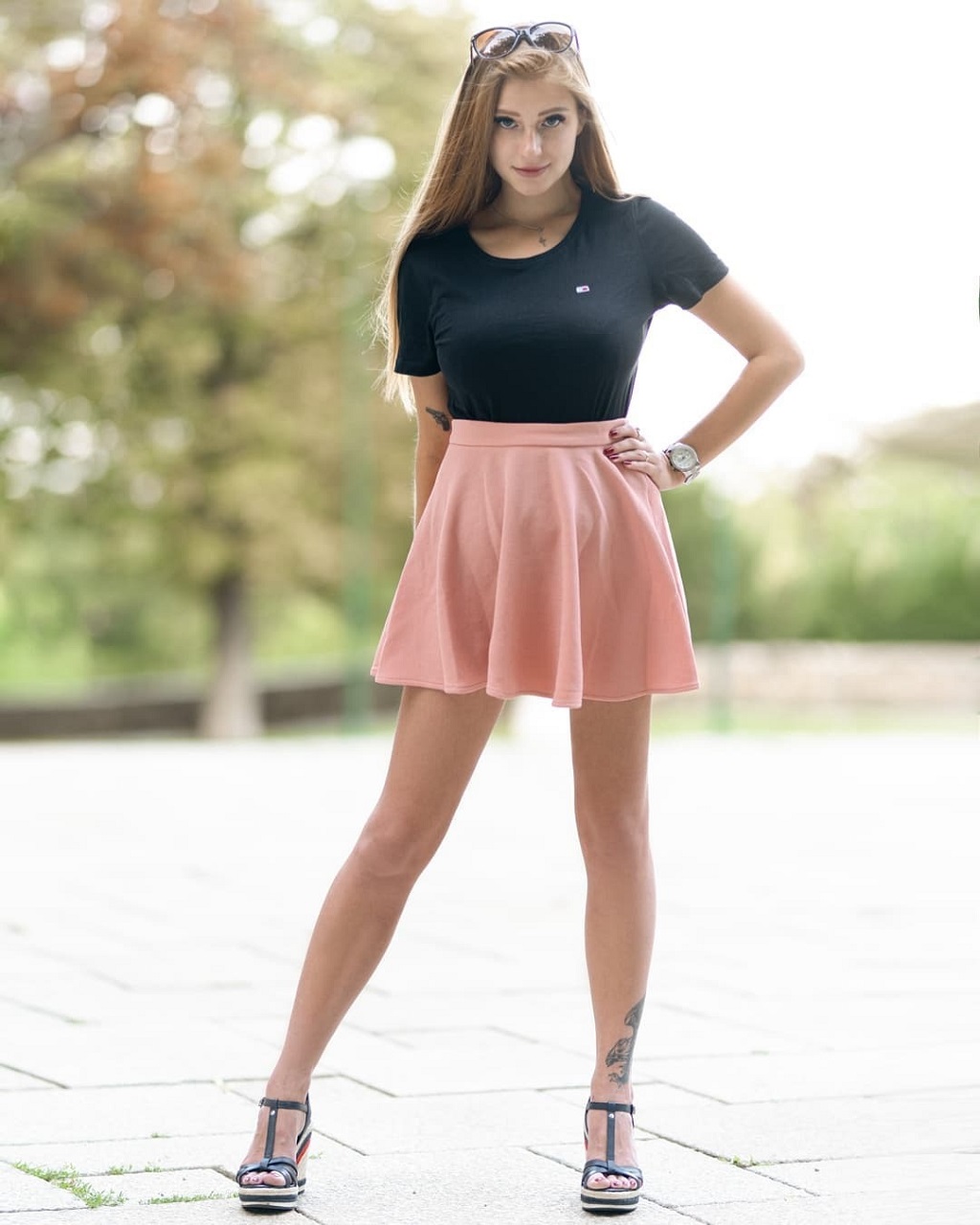 People 1024x1280 Katerina Soria model women skirt pink skirt black t-shirt women with shades portrait display wedge heels