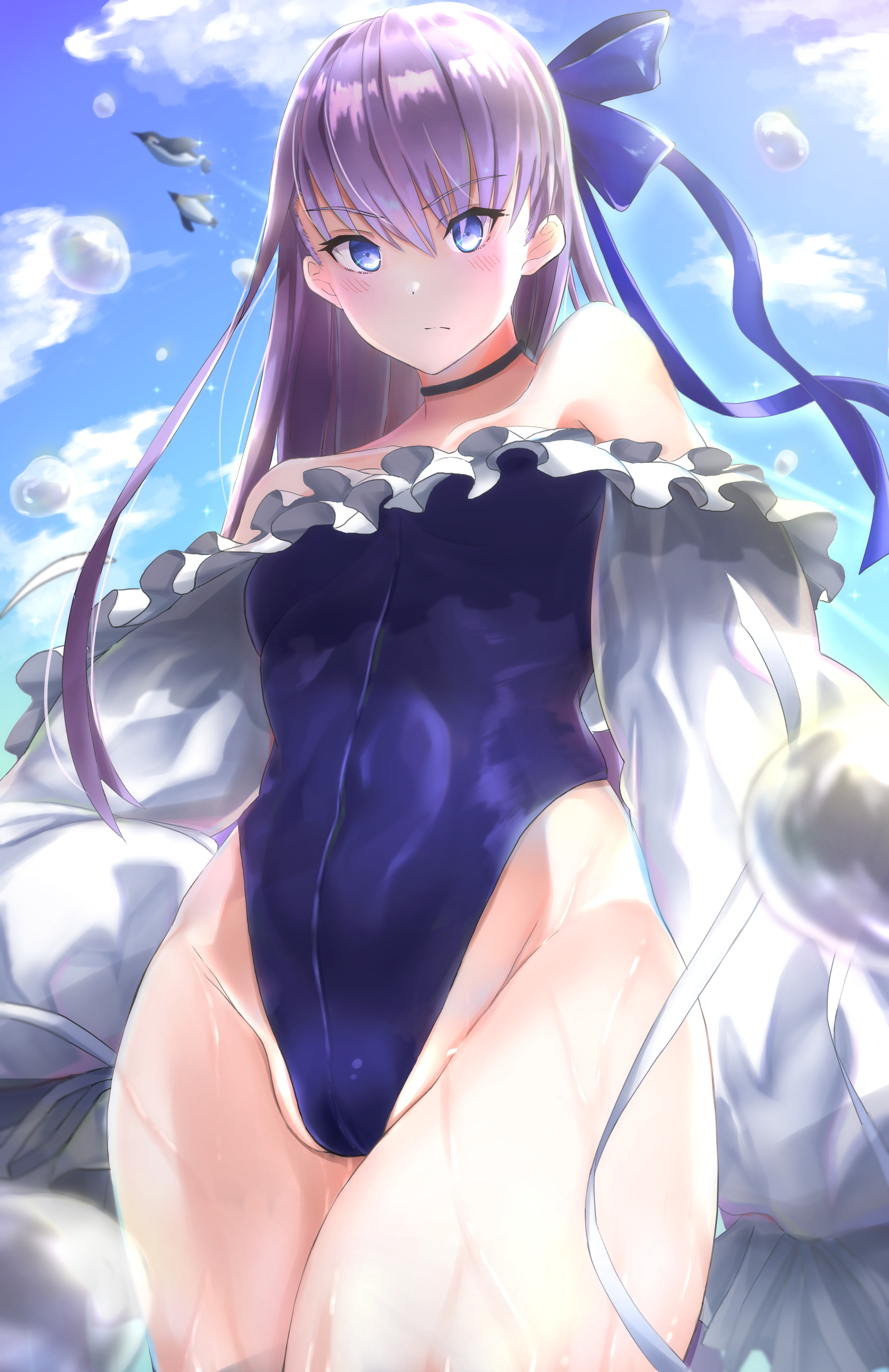 Anime 3825x5900 Fate series Fate/Grand Order Meltlilith anime girls swimwear one-piece swimsuit thighs clouds blue eyes bubbles
