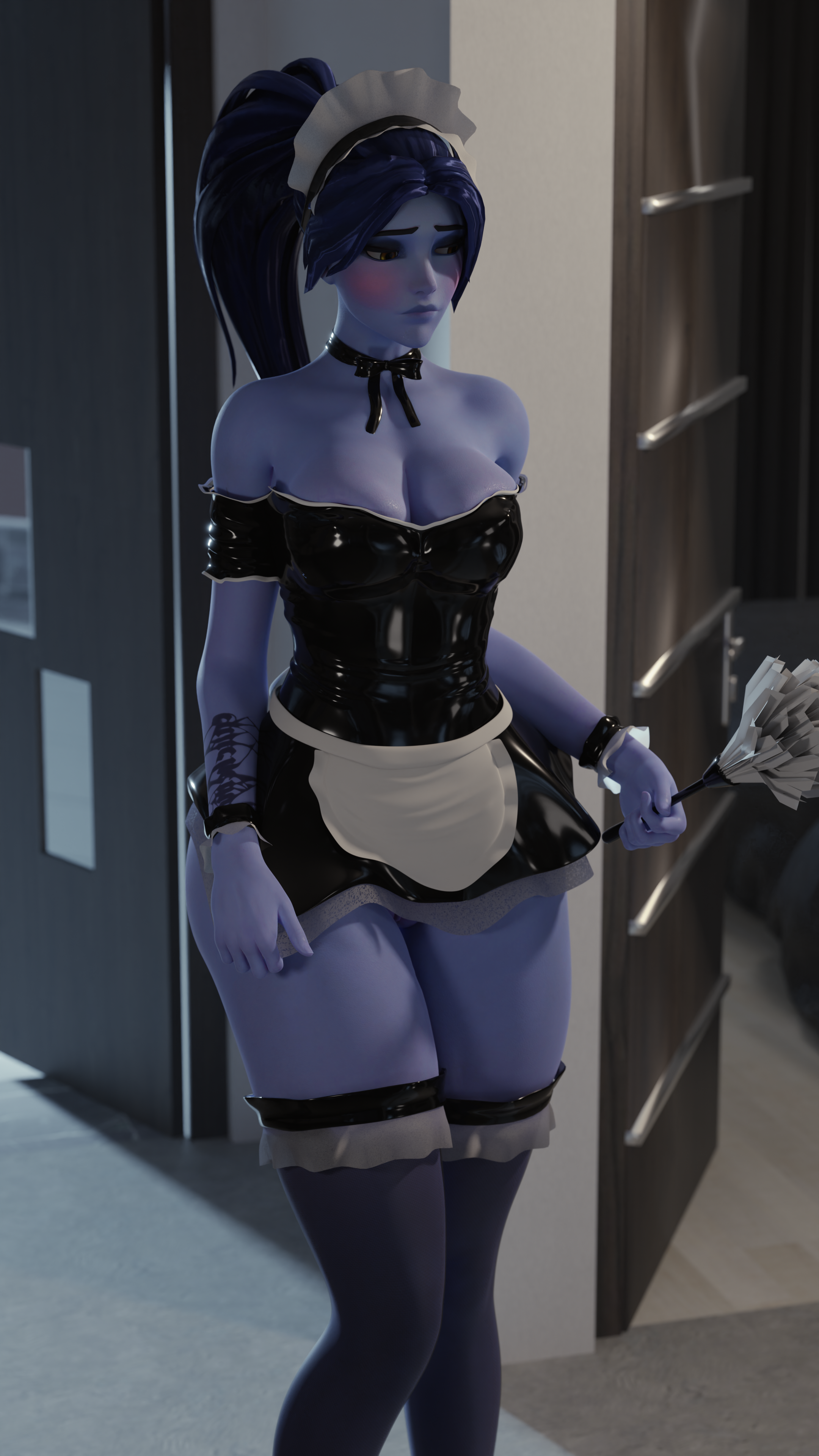 General 2160x3840 Overwatch Widowmaker (Overwatch) boobs long hair thick thigh maid outfit portrait display maid video game characters CGI video game girls stockings video games blushing