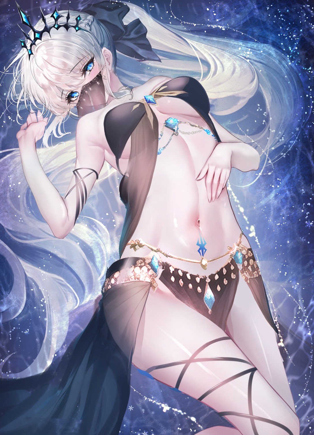 Anime 1089x1505 Chiachun portrait display anime anime girls Fate/Grand Order belly Fate series belly button Morgan le Fay blue eyes bare shoulders long hair gray hair looking at viewer womb tattoo veils boobs jewelry armlet cleavage crown bikini black bikinis ponytail armpits skimpy clothes