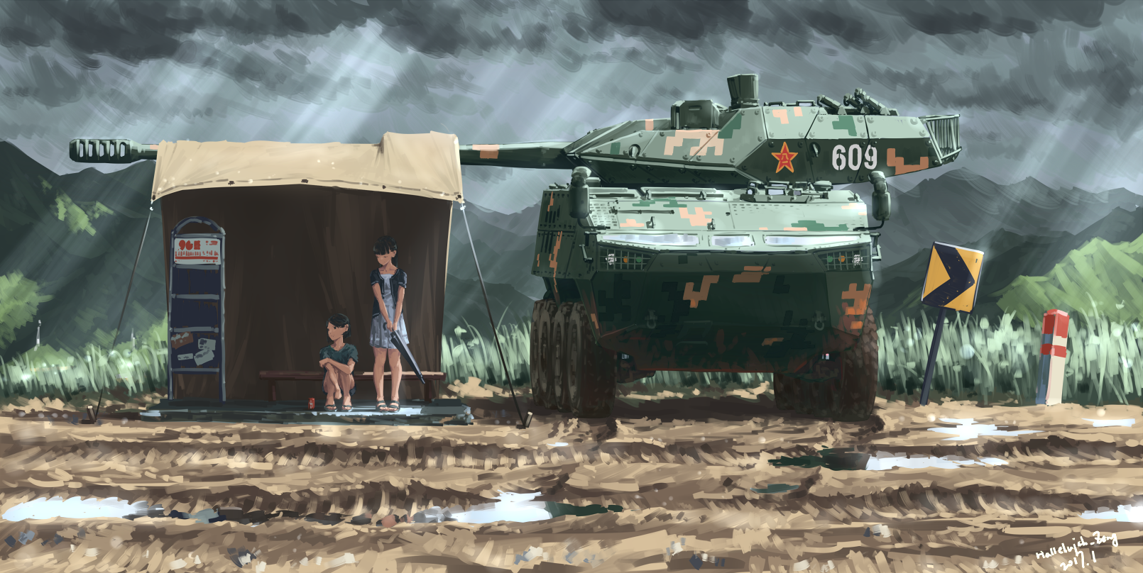 Anime 1610x808 military Chinese Army rain anime girls sunlight military vehicle tent clouds tank umbrella anime boys