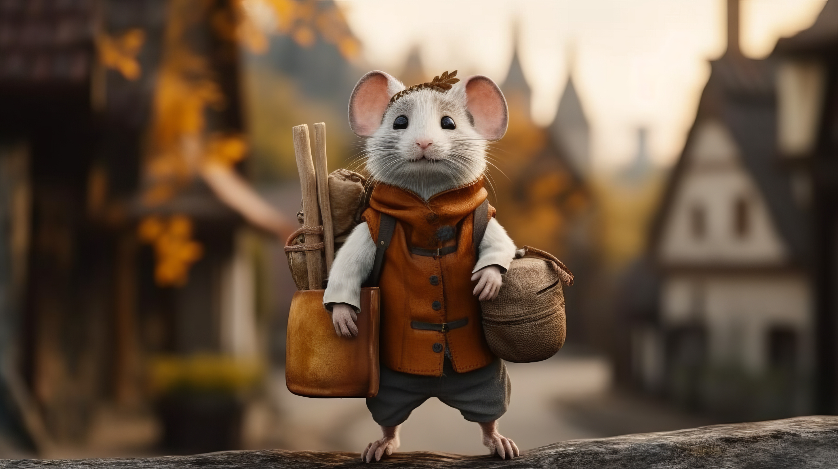 General 2912x1632 AI art portrait adventurers mice backpacks Tiny clothes German blurred blurry background animals looking at viewer village building
