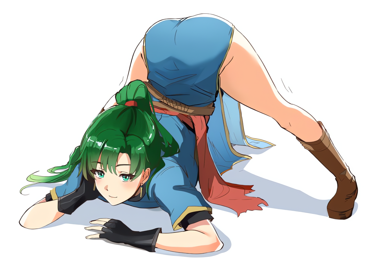 Anime 1280x905 Fire Emblem Jack-O Challenge simple background bent over gloves anime girls white background looking at viewer green hair ponytail Lyndis (Fire Emblem)