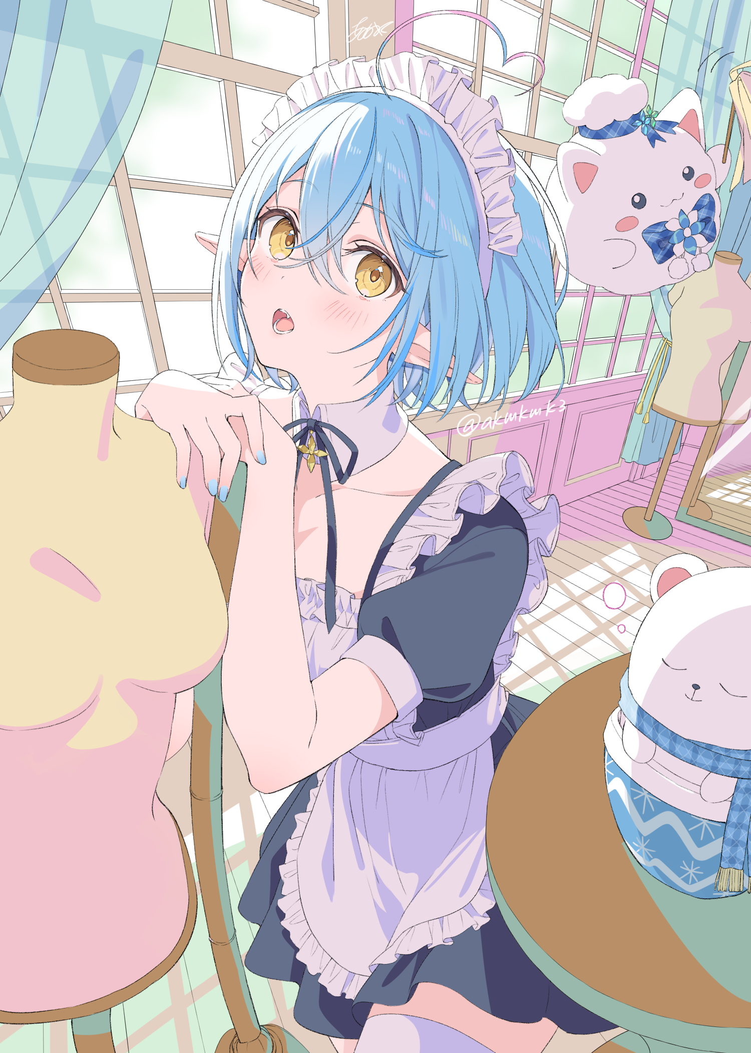 Anime 1500x2104 Hololive anime girls blue hair yellow eyes portrait display maid maid outfit pointy ears looking at viewer