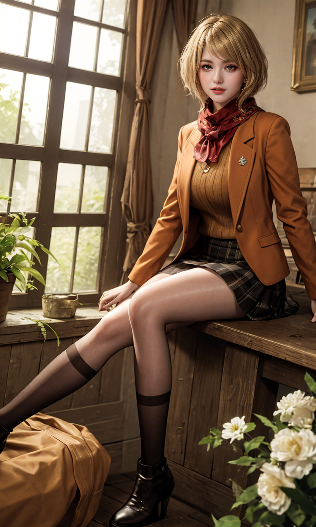 General 1080x1800 Ashley Graham (Resident Evil) resident evil 4 remake video games video game girls video game characters AI art Stable Diffusion fan art flowers blonde portrait display looking at viewer short hair scarf window sitting thighs Smilesheep