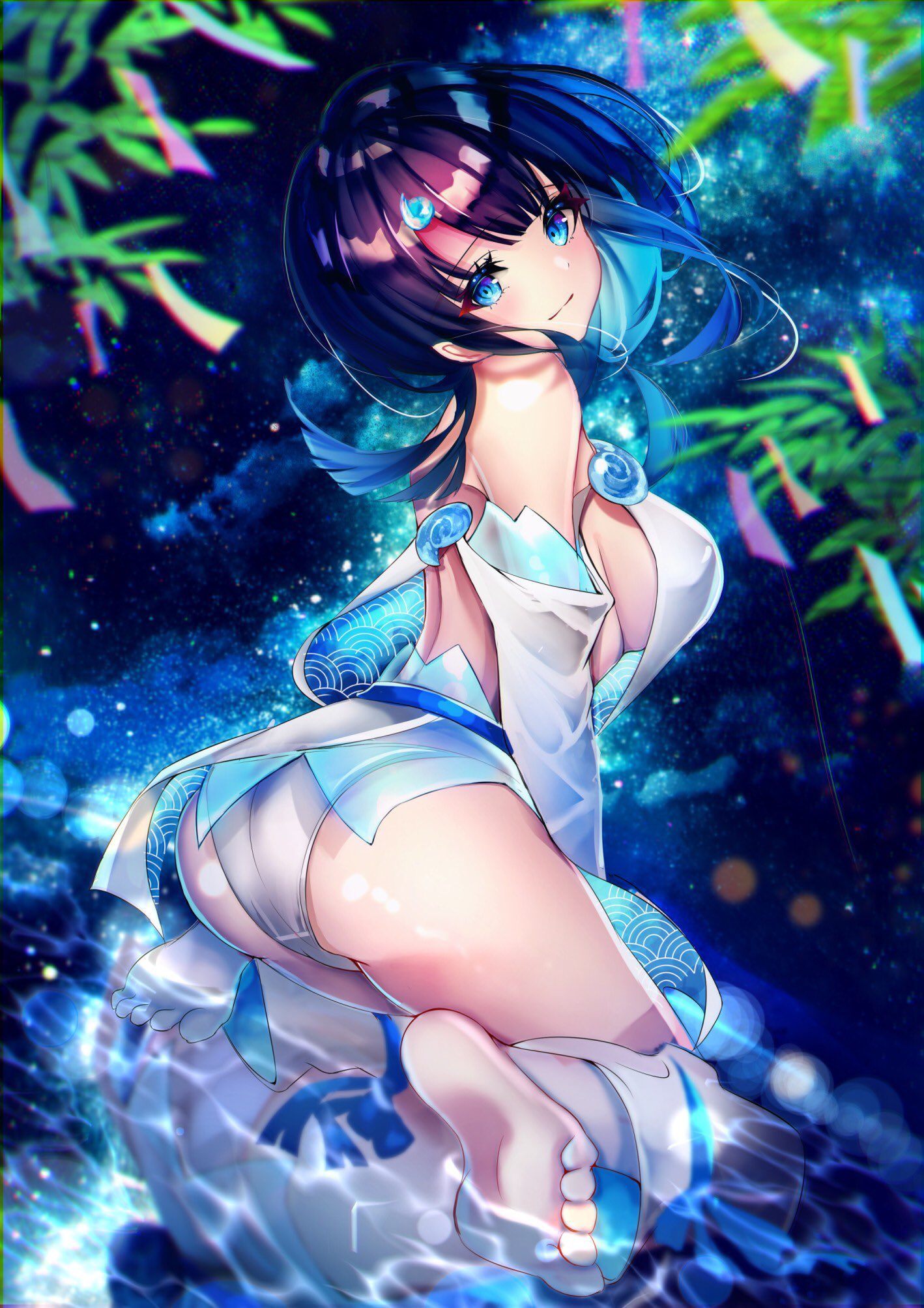 Anime 1418x2006 Chiachun anime girls portrait display water anime Fate/Grand Order Fate series looking back looking at viewer ass sideboob foot sole barefoot smiling blue eyes two tone hair in water detached sleeves dress white dress head tilt night stars starry night big boobs reflection Milky Way leaves rear view feet bareback sky long hair lights multi-colored hair thighs Utsumi Erice (Fate/Grand Order)