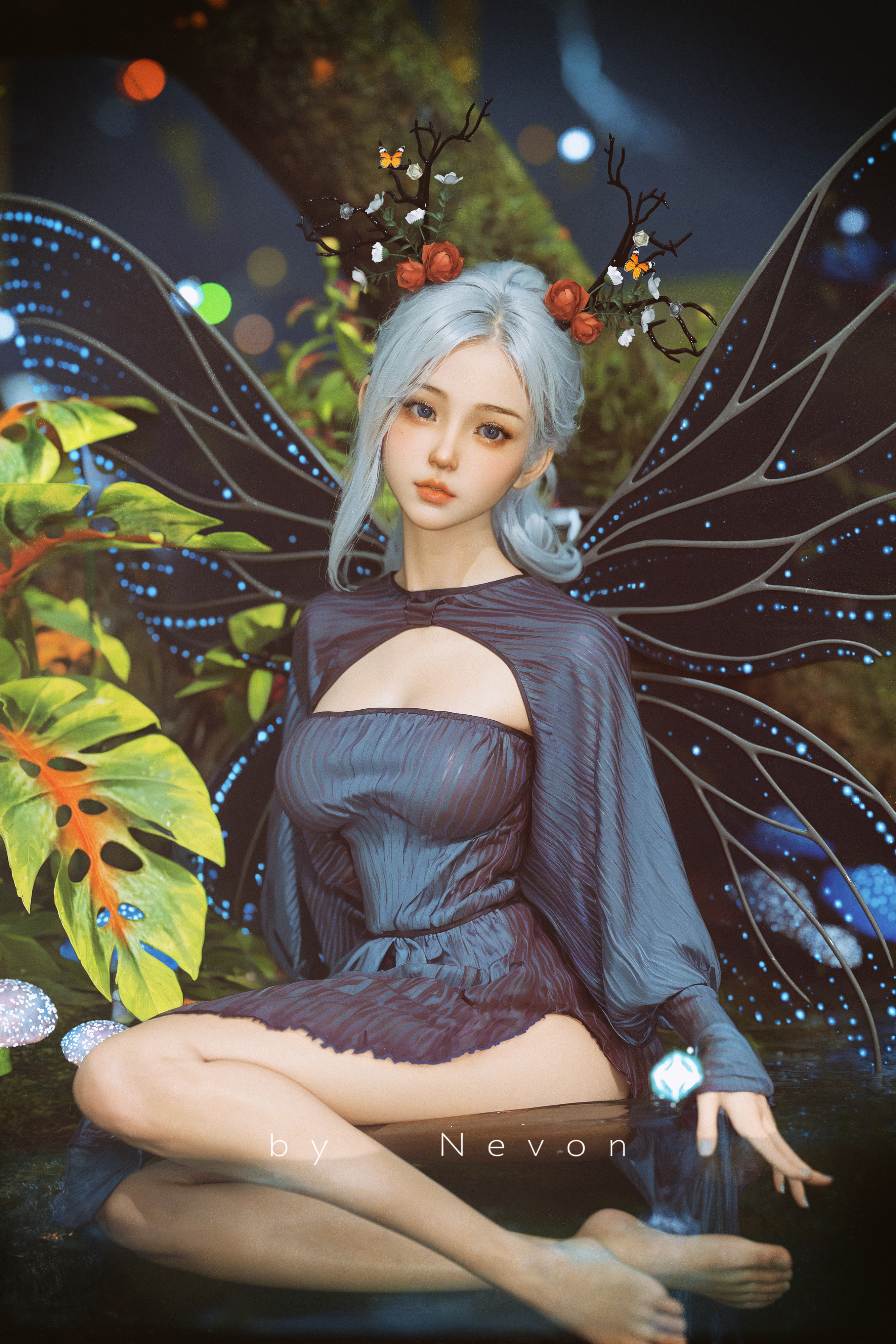 General 2667x4000 Nevon digital art artwork illustration CGI portrait display butterfly wings gray hair sitting fantasy girl fantasy art water Asian plants looking at viewer women
