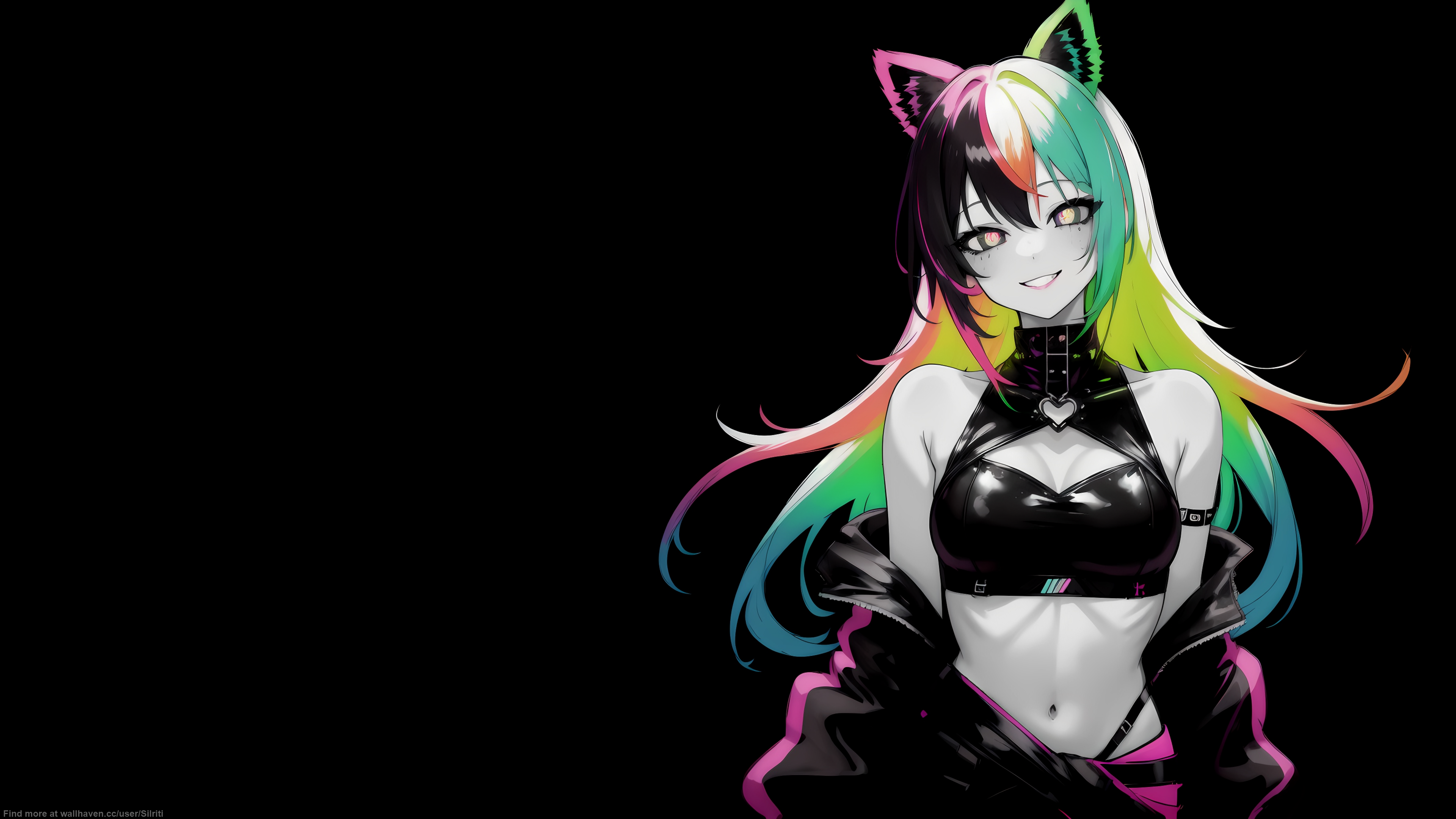 Anime 3840x2160 selective coloring black background dark background simple background anime girls AI art multi-colored hair smiling looking at viewer fox girl fox ears long hair