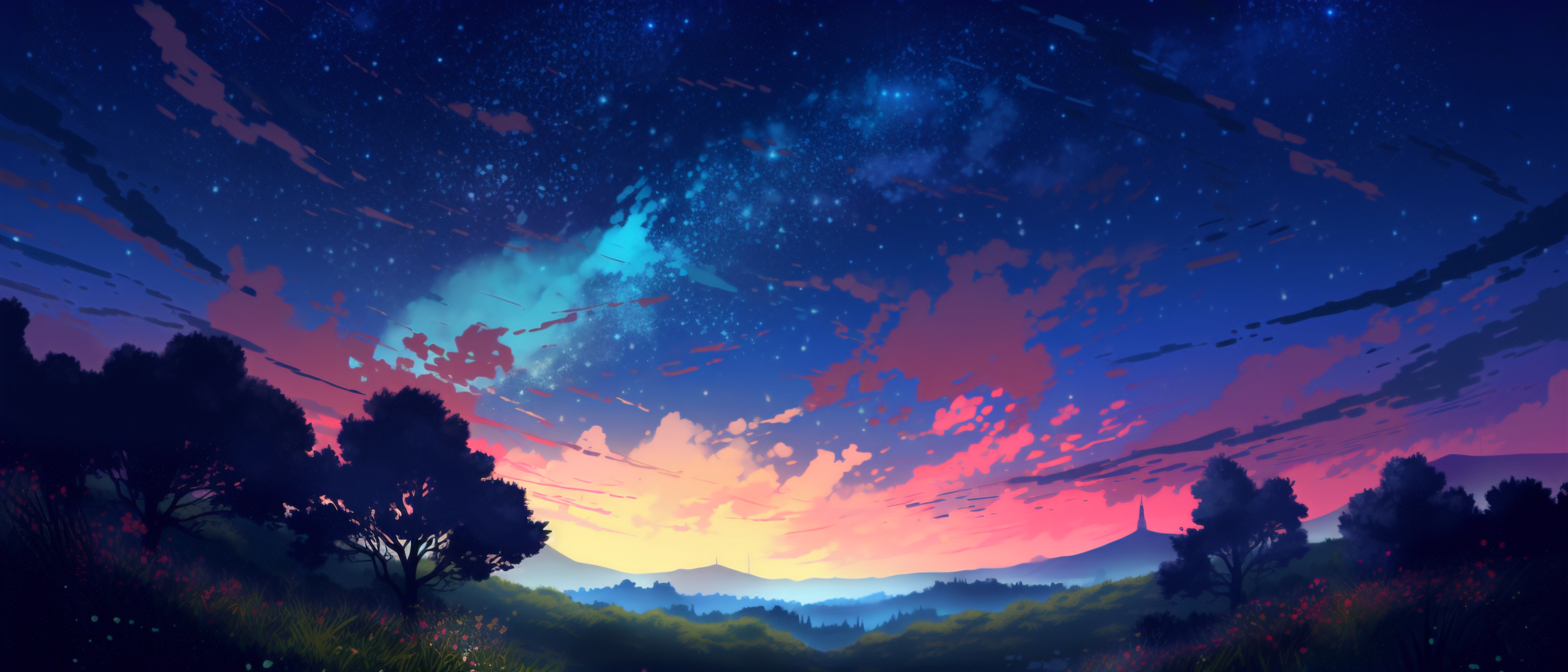 clouds, AI art, night, stars, sky, trees, nature | 3360x1440 Wallpaper ...