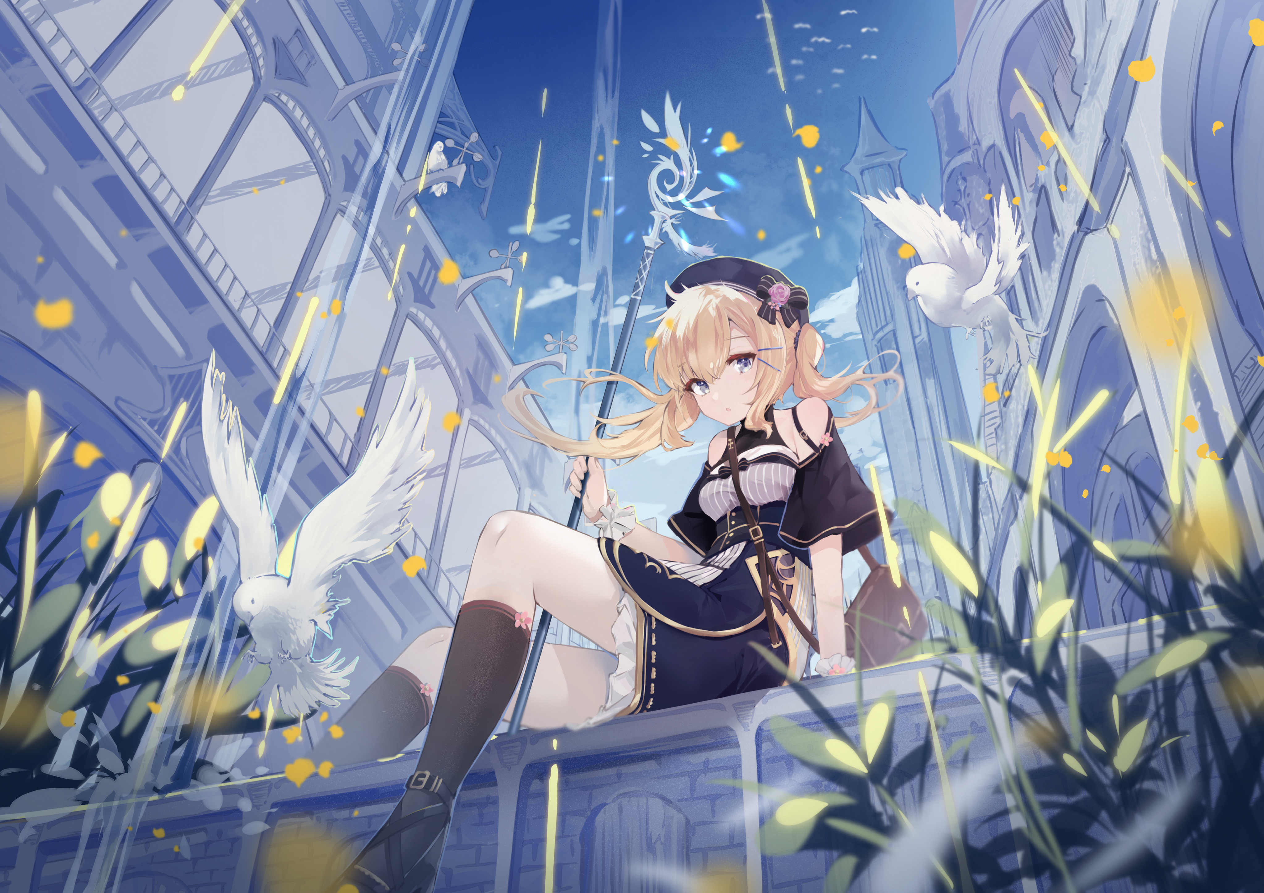 Anime 4093x2894 anime anime girls sitting leaves birds looking at viewer purse twintails bow tie uniform hat sky animals socks low-angle flowers black socks  knee high socks shoes