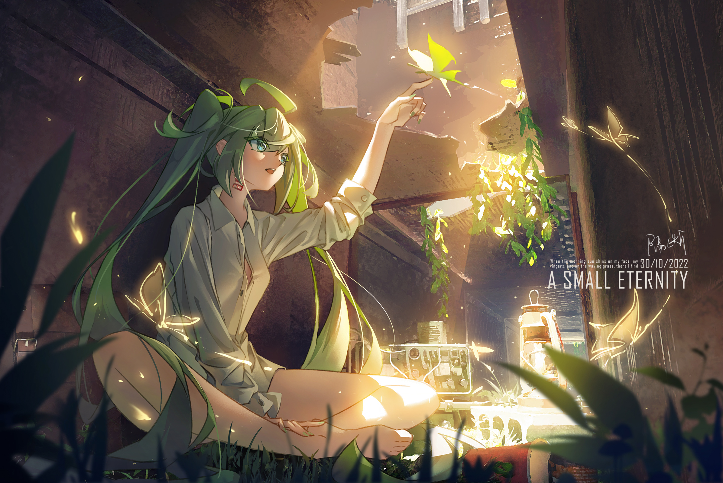 Anime 2392x1600 anime girls anime Hatsune Miku Vocaloid twintails butterfly leaves long hair