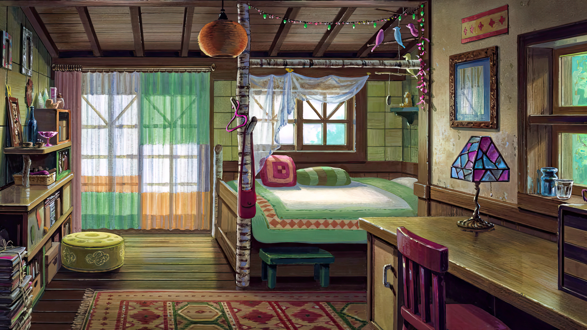 Anime 1920x1080 When Marnie Was There Studio Ghibli animated movies film stills interior anime table bed curtains carpet window pillow lamp shelves hanger ceiling bedroom