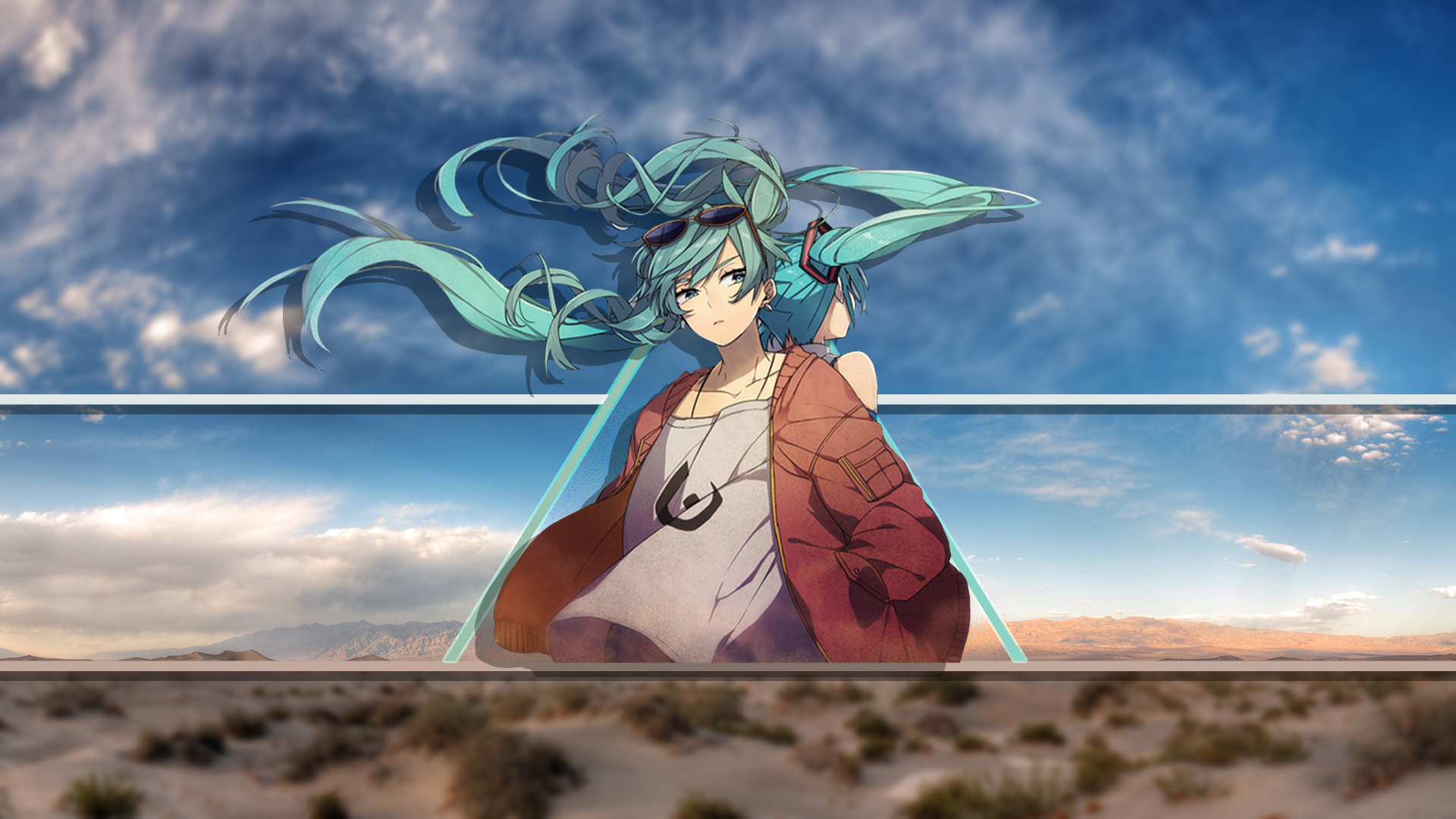 Anime 1920x1080 picture-in-picture anime girls Hatsune Miku desert sky clouds twintails sunglasses Vocaloid long hair