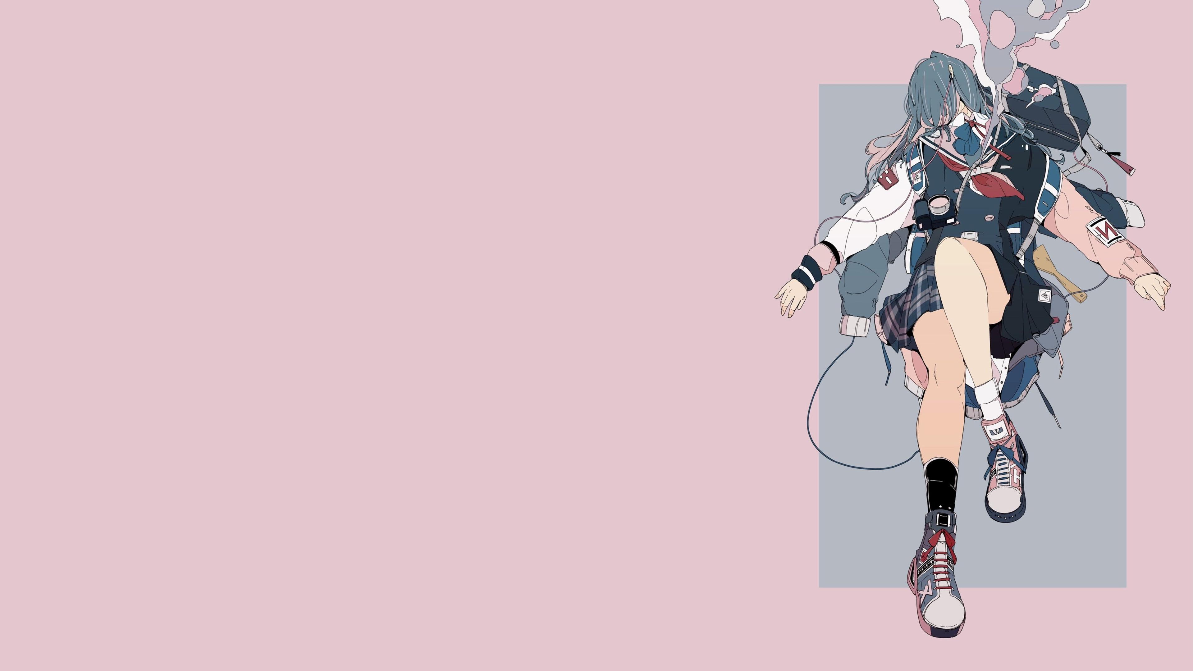 Anime 3840x2160 daisukerichard anime girls original characters minimalism camera simple background backpacks