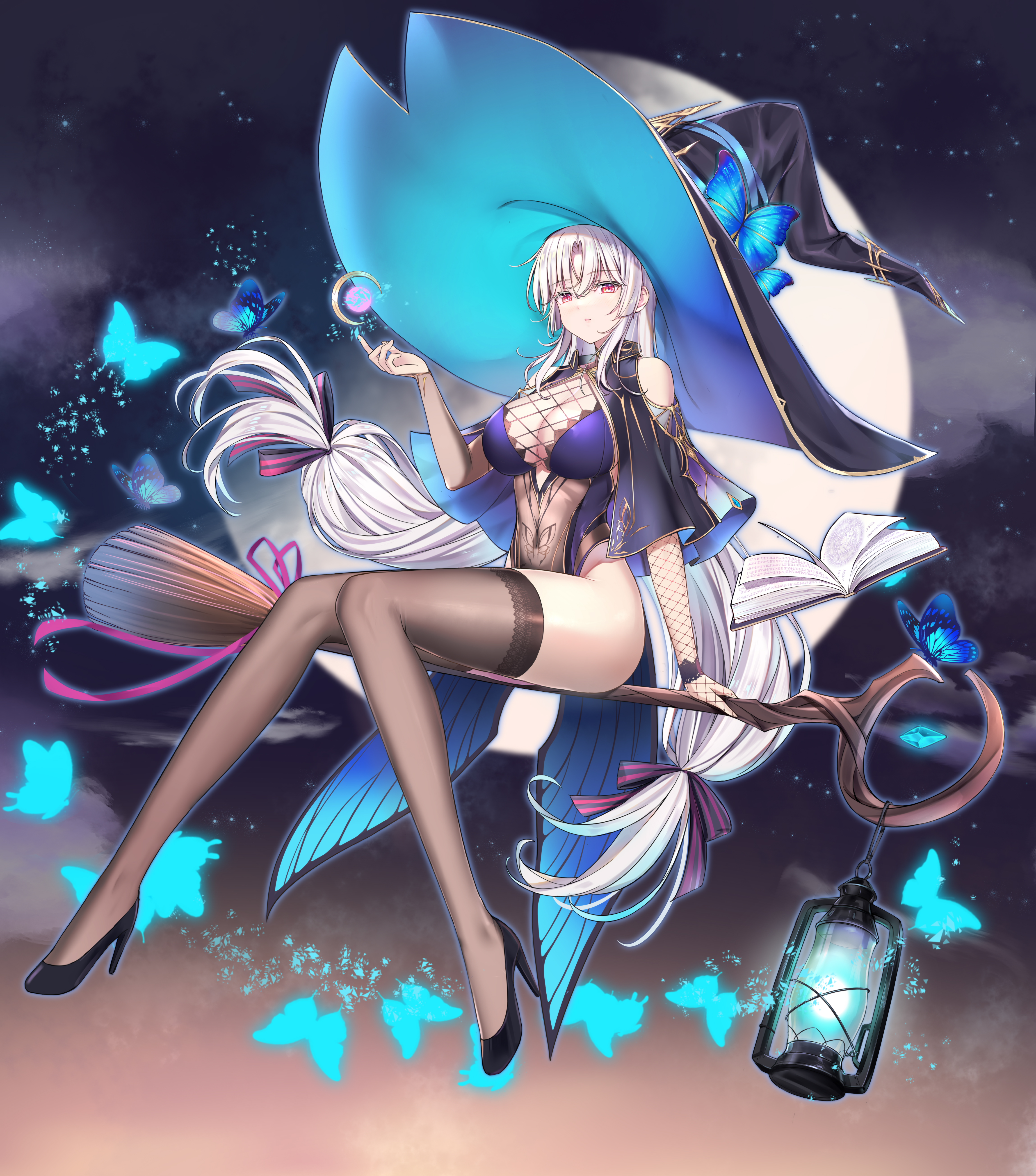 Anime 4598x5220 Shenyuekong butterfly portrait display witch anime girls witch hat full moon Moon sky long hair looking at viewer white hair big boobs womb tattoo stockings see-through clothing legs cleavage fishnet thighs witch's broom broom red eyes twintails open mouth black heels sparkles heels black stockings butterfly wings stars starred sky starry night night black high-heels high heels lantern books sitting spell